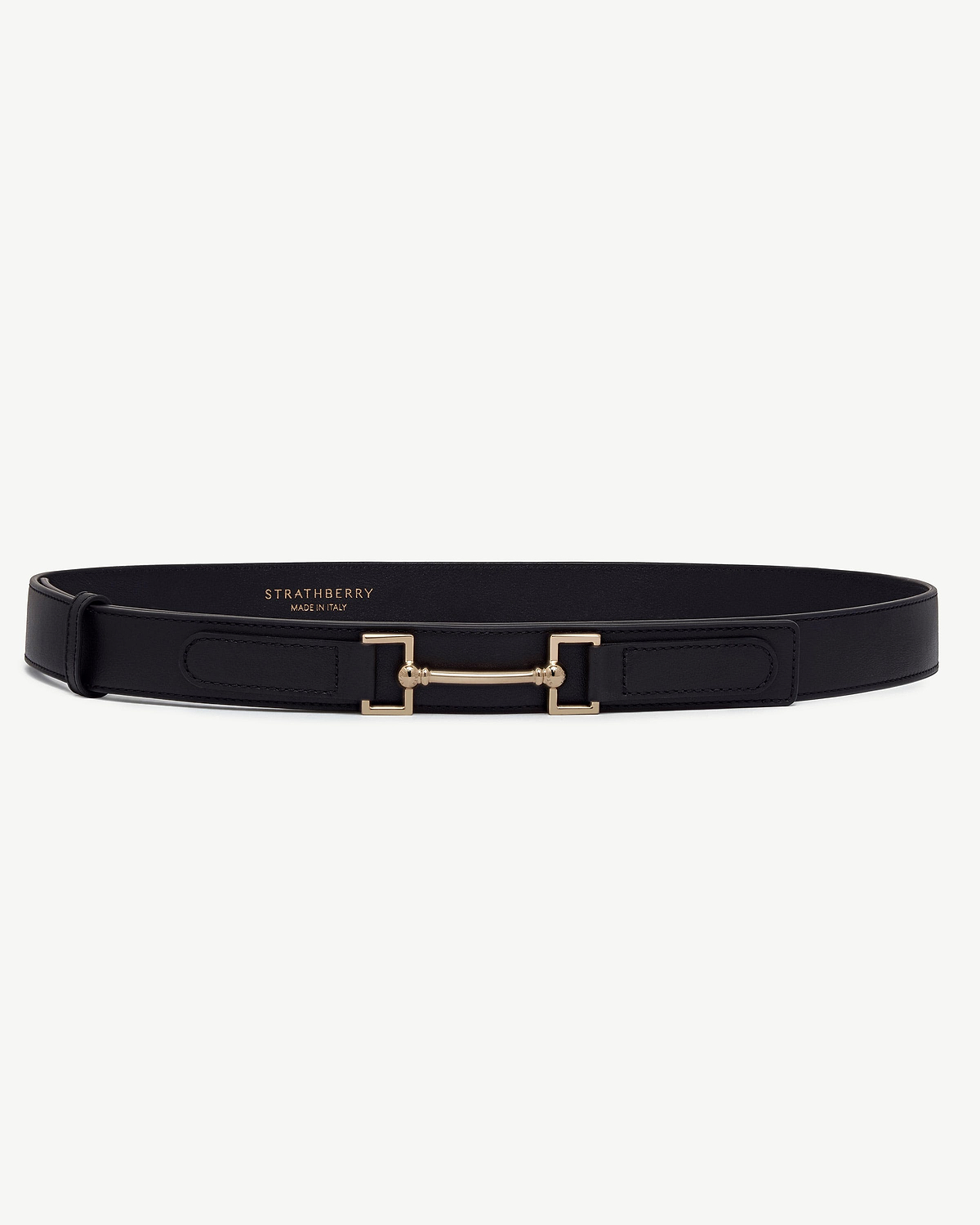 Black leather Stockbridge belt with gold horsebit buckle, Strathberry logo inside.