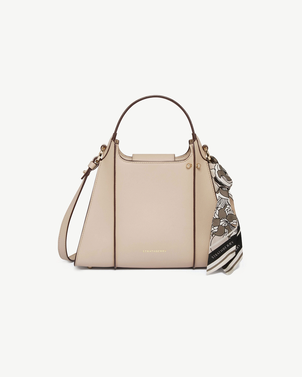 Strathberry Arkshell oat-coloured leather handbag with top handle, shoulder strap and scarf.