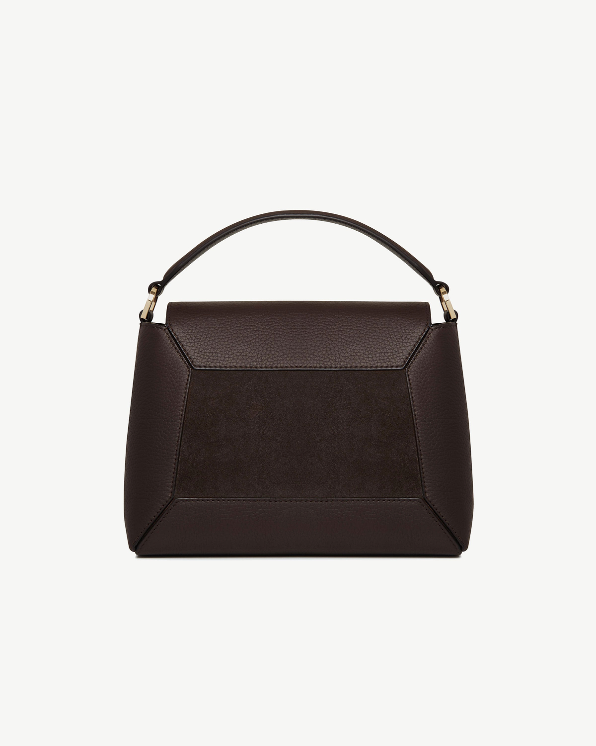 Dark chocolate suede and leather mosaic bag with top handle and gold hardware