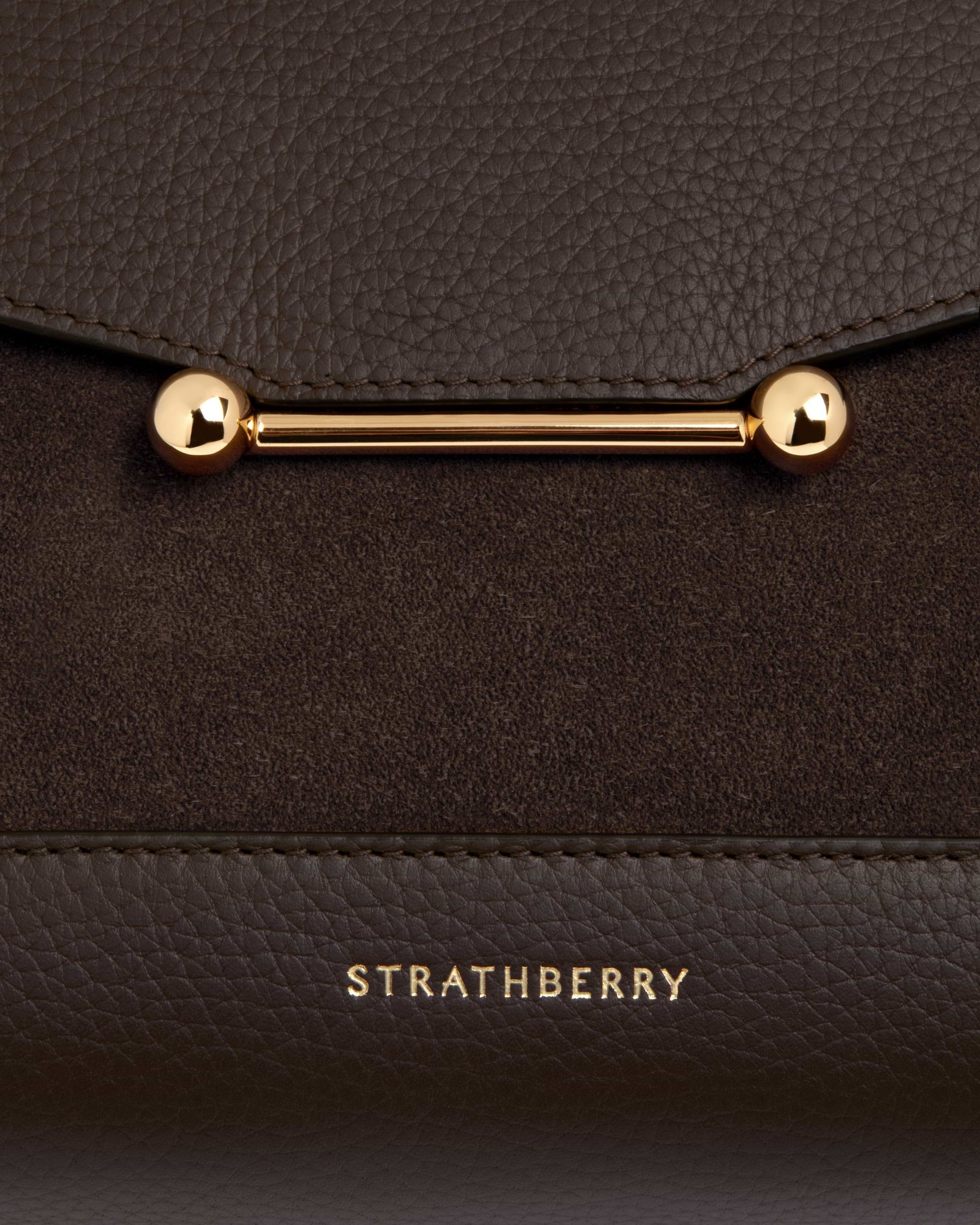 Dark chocolate suede and pebbled leather Mosaic bag with gold bar and Strathberry logo