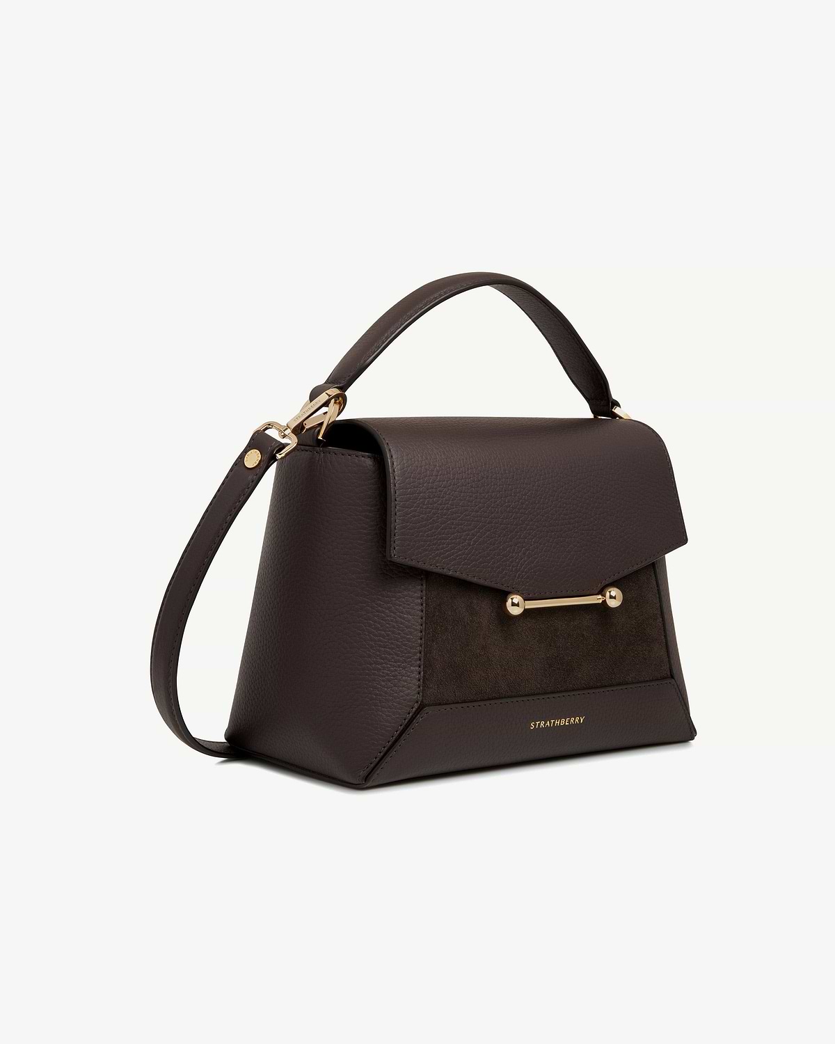 Dark chocolate suede and leather mosaic bag by Strathberry with gold bar fastening.