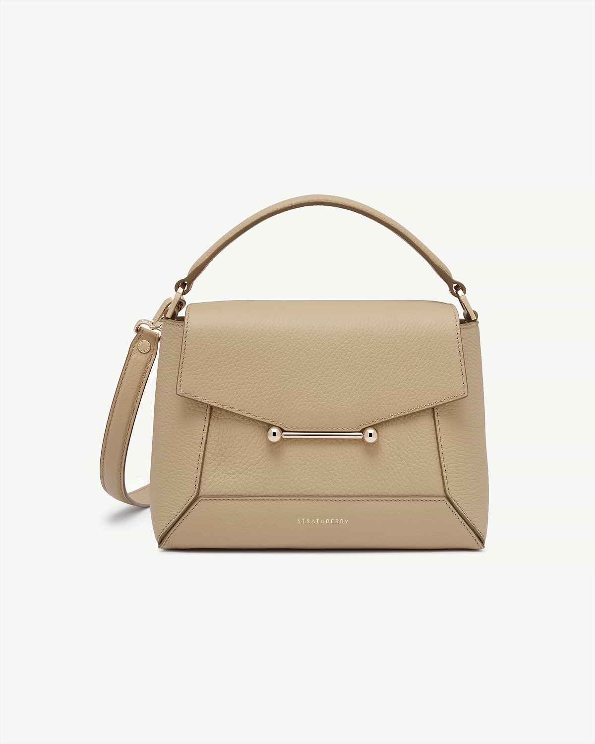 Strathberry sand mosaic bag with top handle and gold bar clasp.