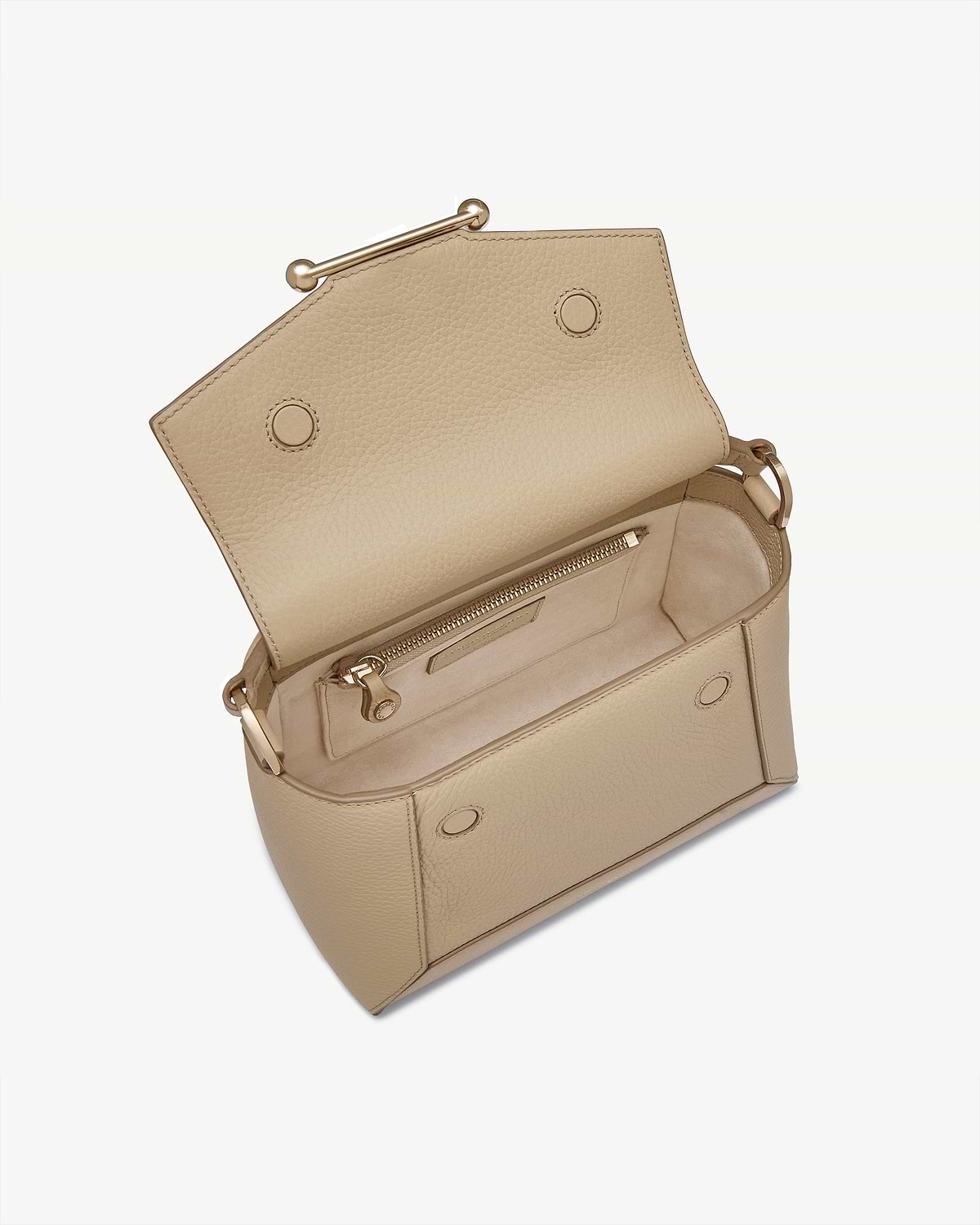 Sand mosaic bag open, showing interior pocket, zip compartment and gold hardware.