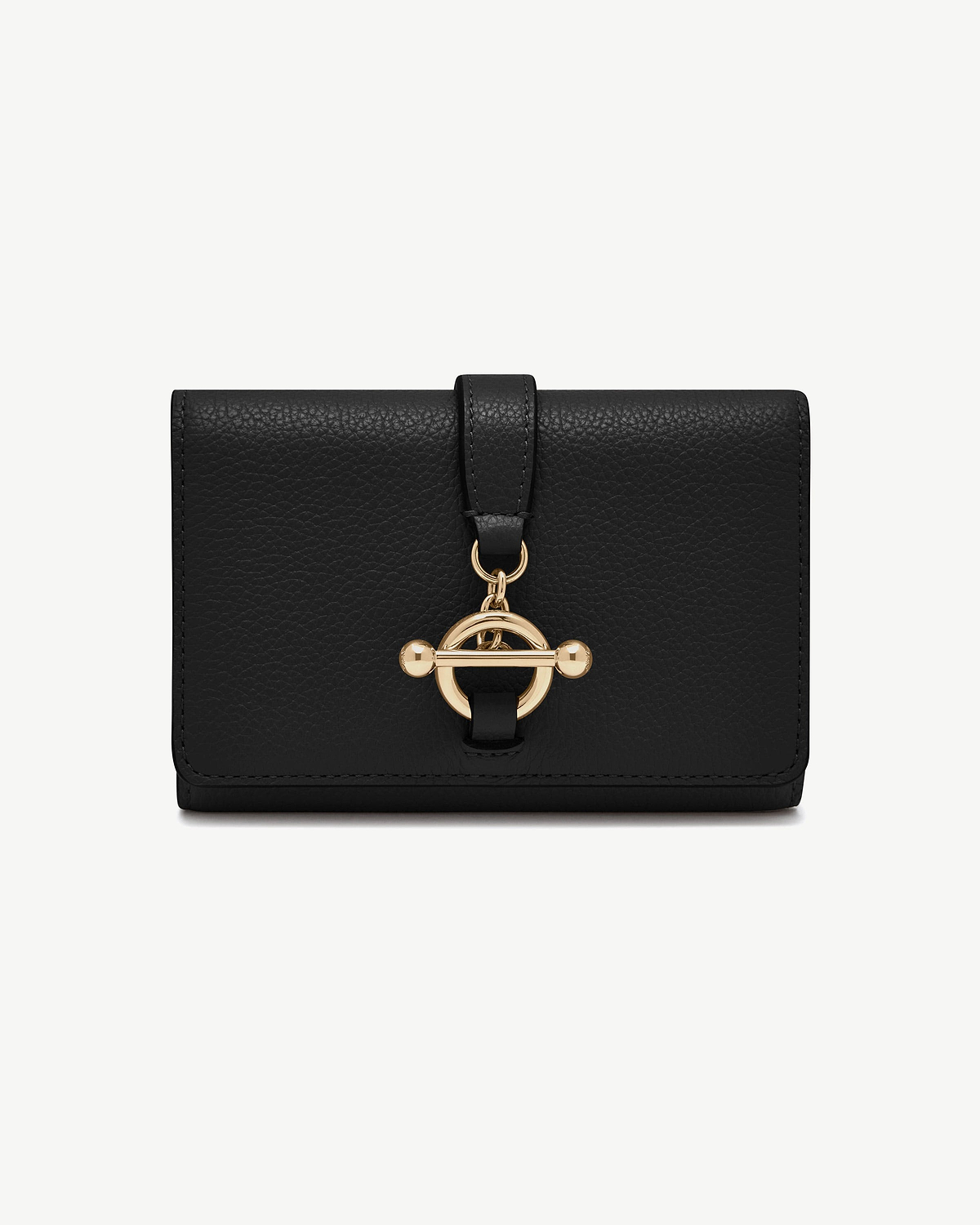 Black trifold wallet in pebbled leather with gold circular toggle clasp.