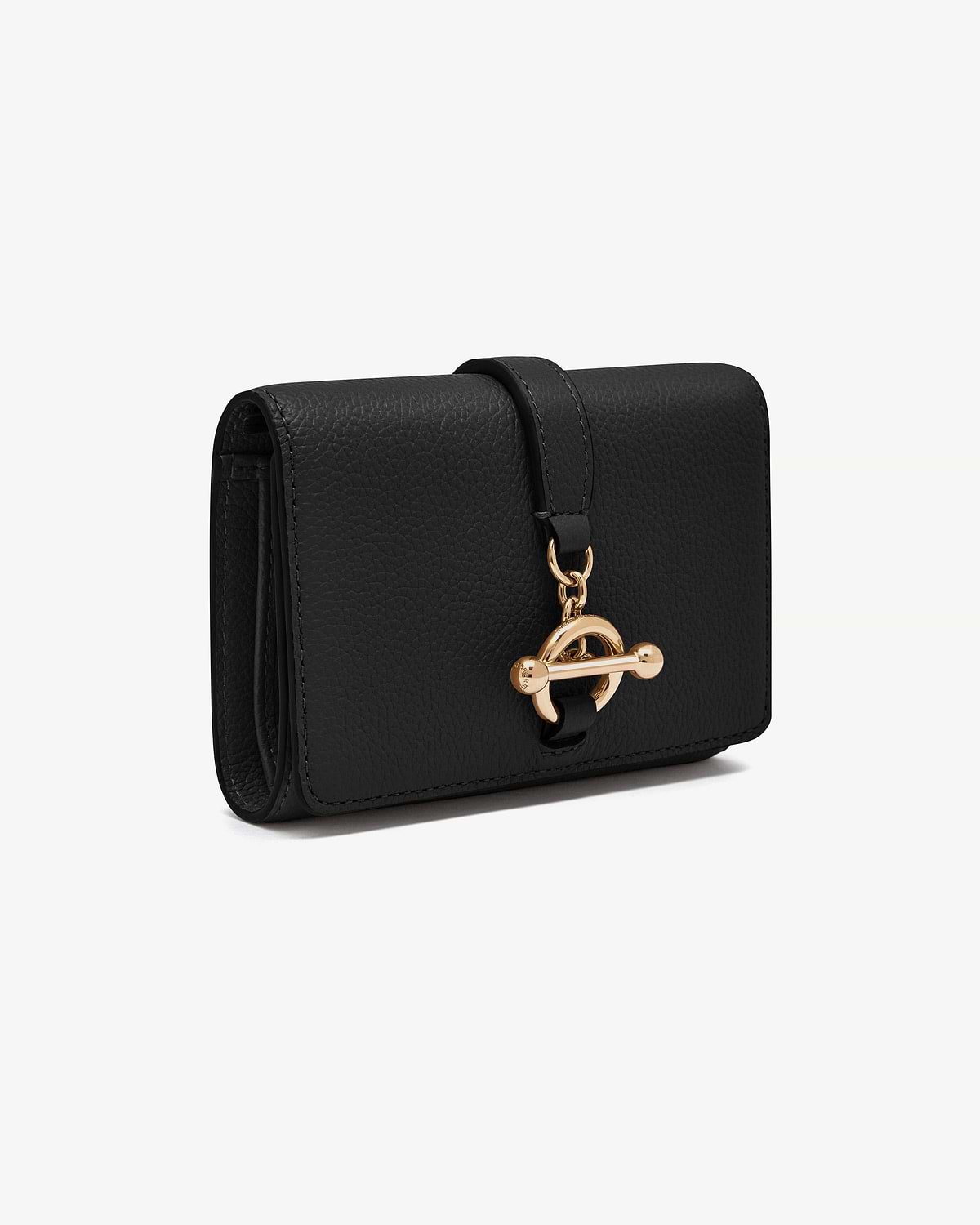 Black trifold pebbled leather wallet with gold circular toggle clasp.