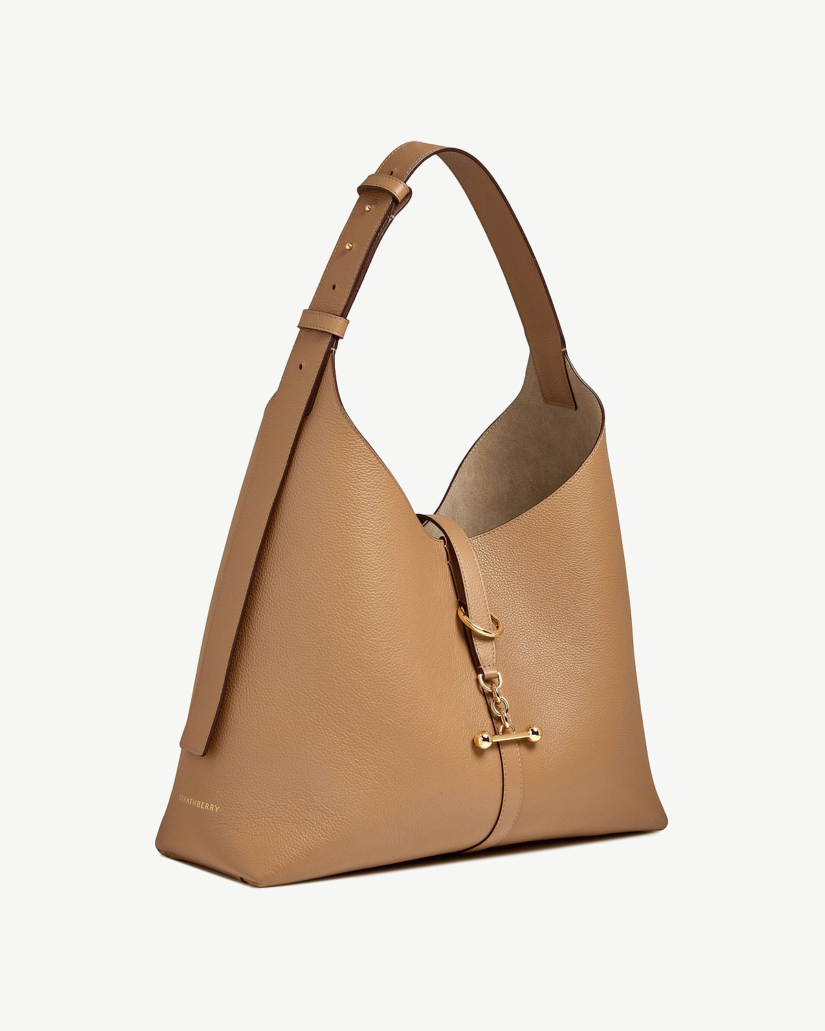 Caramel leather Kite Hobo Maxi bag with top strap and gold bar charm, Strathberry