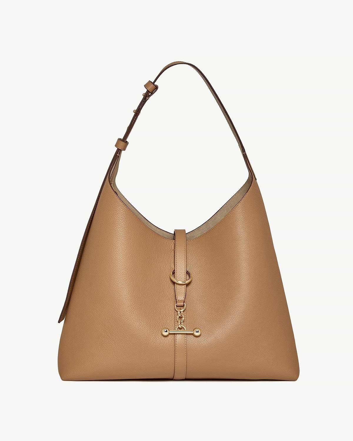 Caramel leather kite hobo maxi bag with top strap and gold hardware.