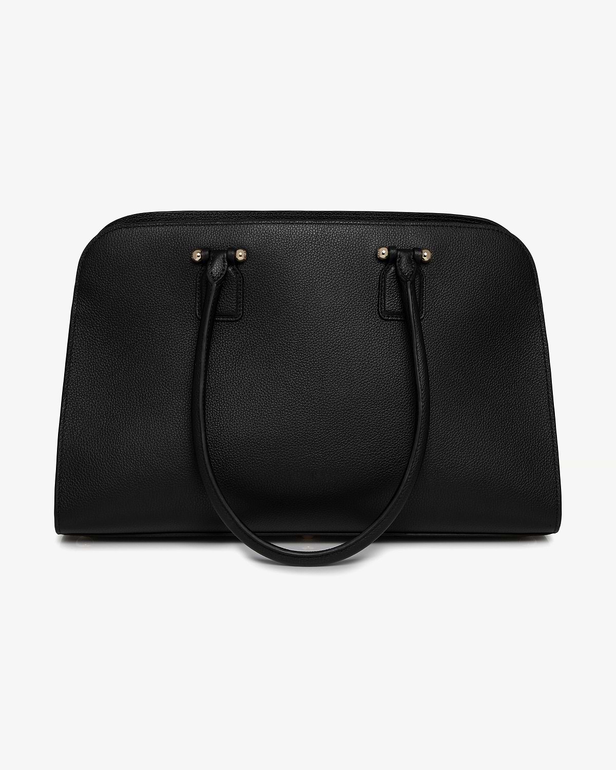 Black pebbled leather structured tote with rounded top and double handles.