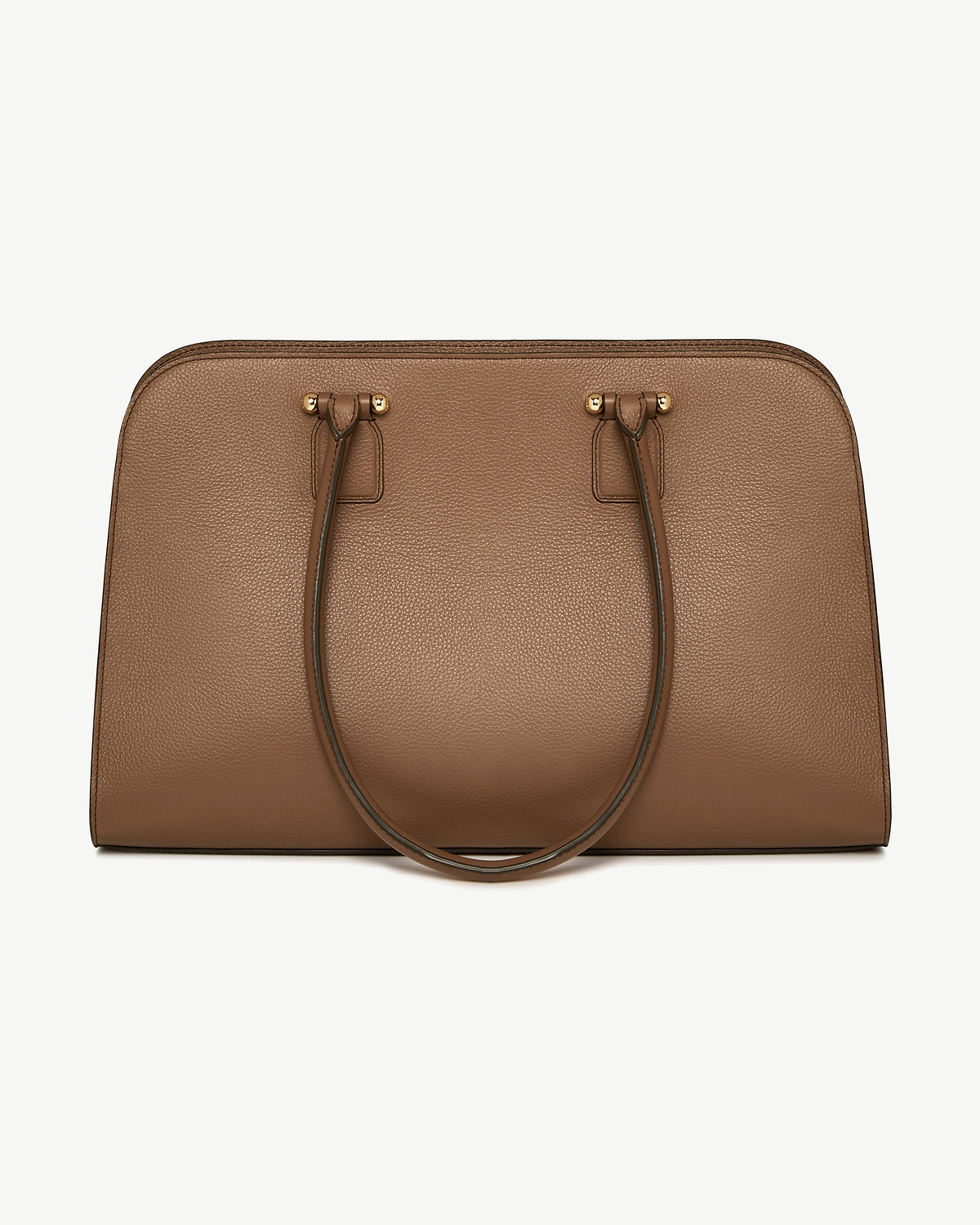 Clay pebbled leather tote bag with double top handles and gold studs.