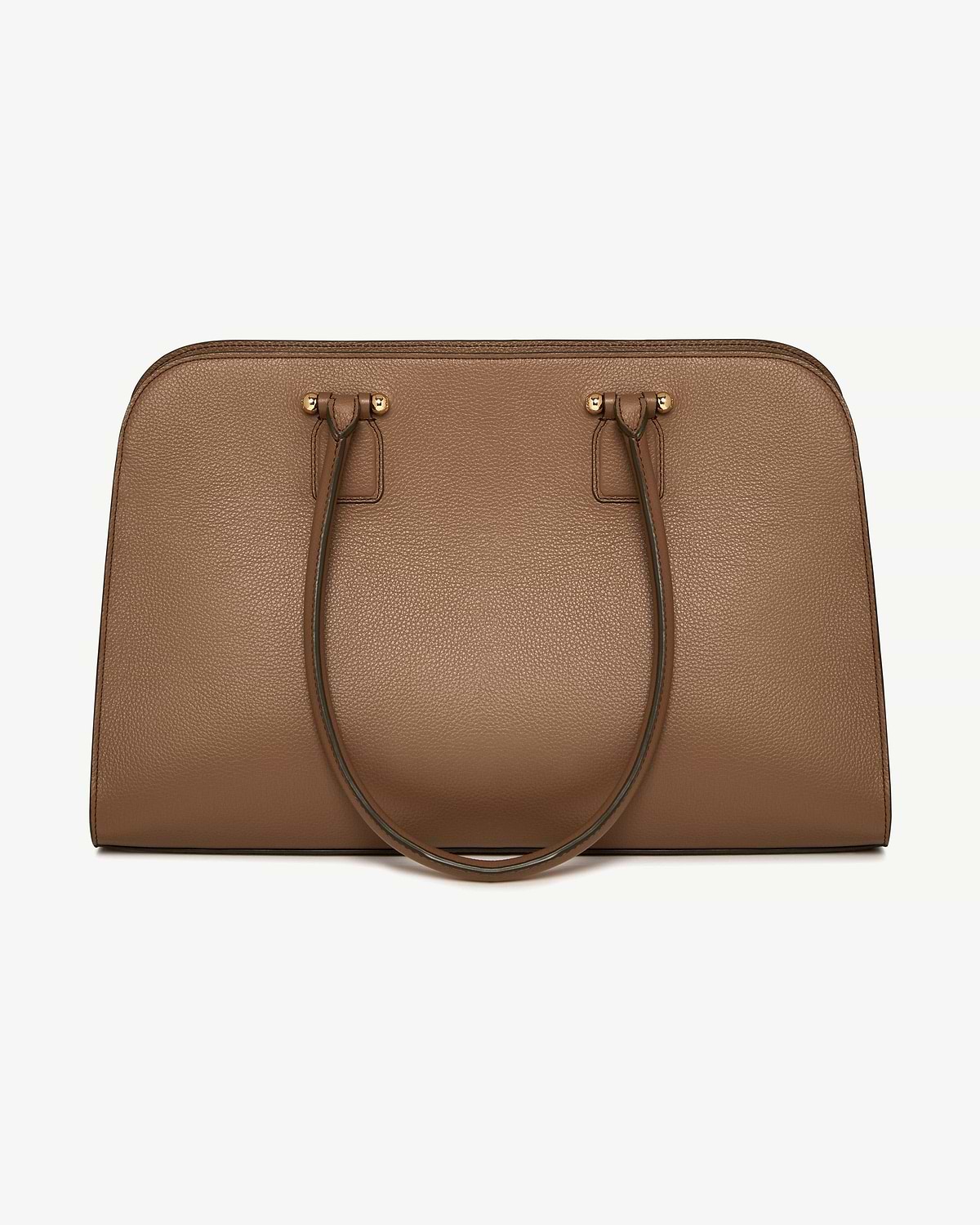 Clay pebbled leather tote bag with double top handles and gold studs.