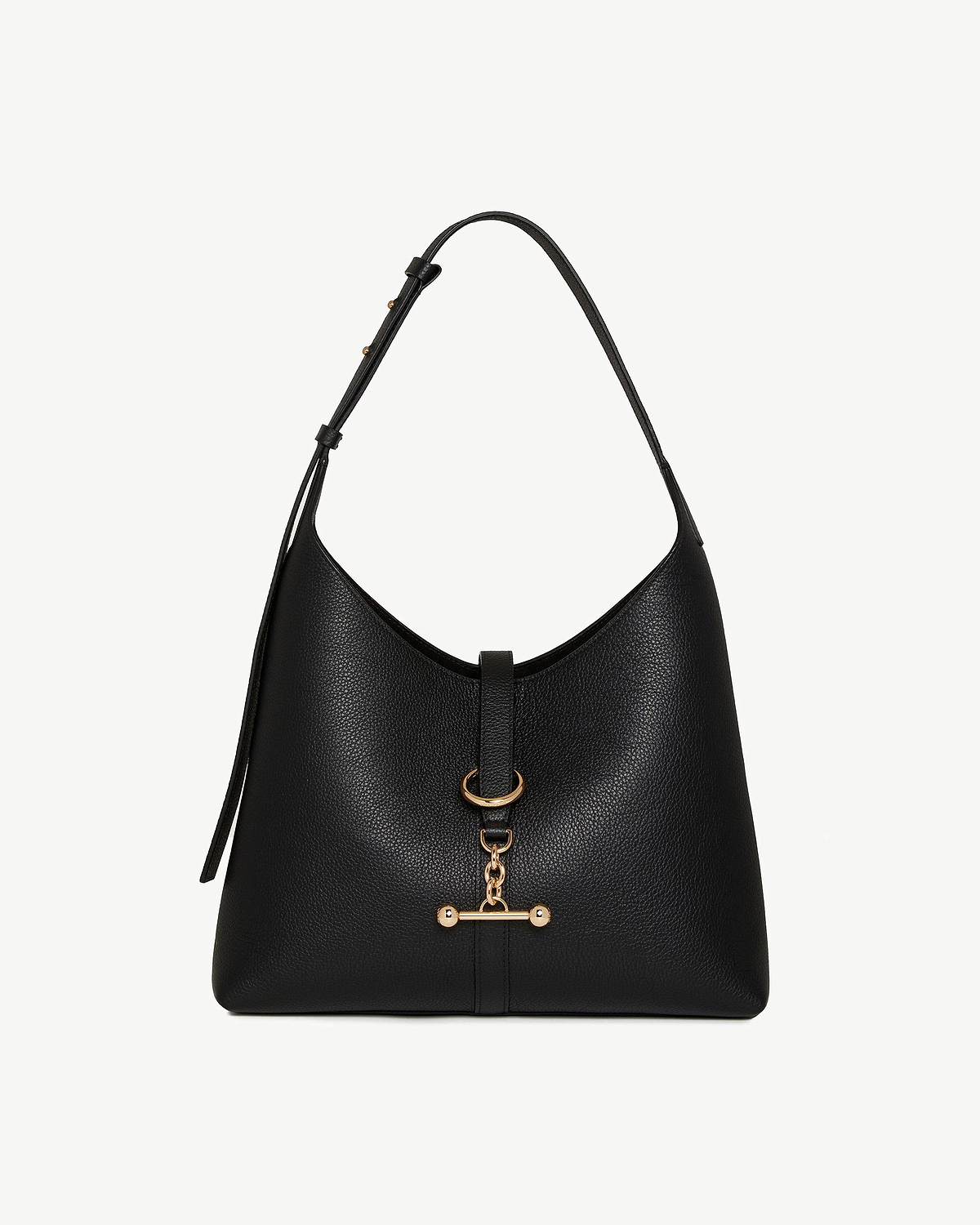 Black Kite Hobo bag in pebbled leather with gold ring and toggle fastening