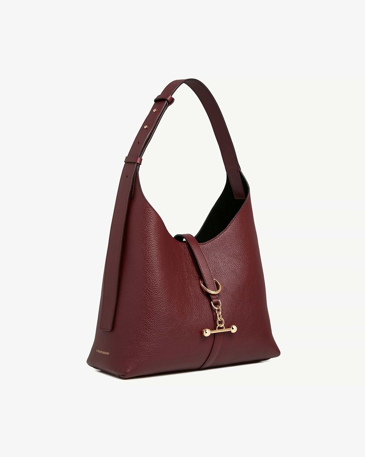 Oxblood leather Kite Hobo bag with gold toggle and Strathberry logo.