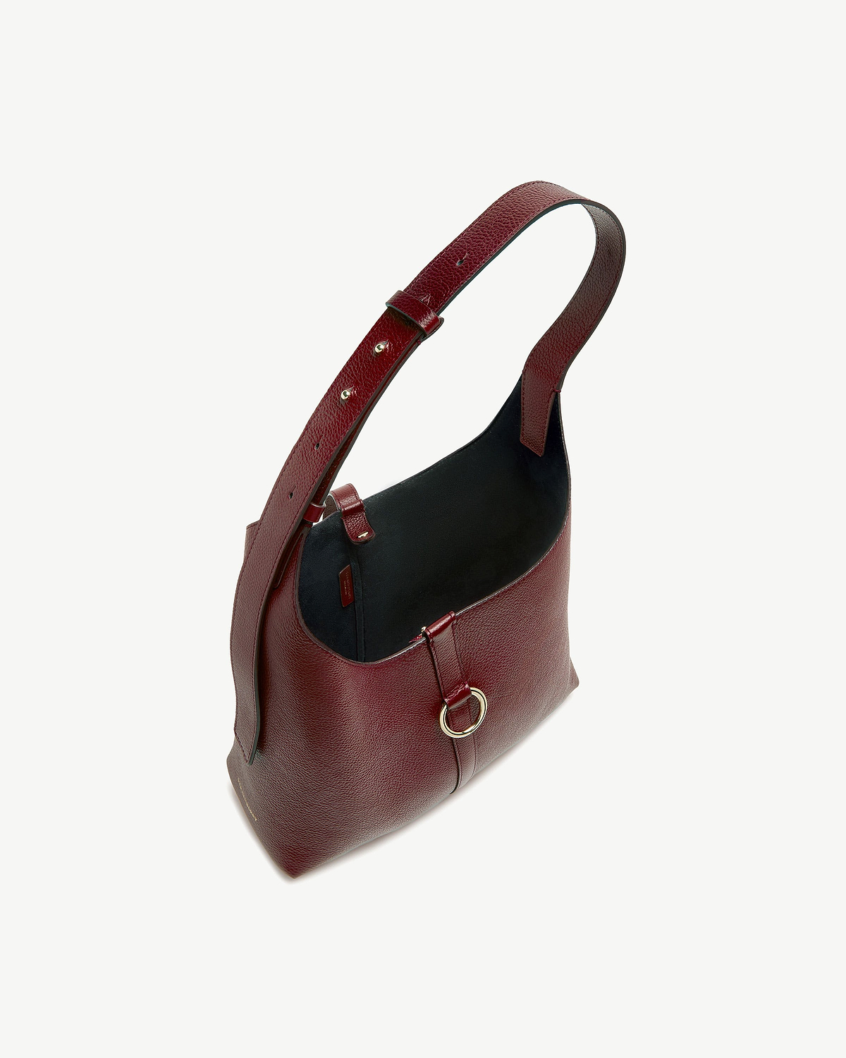 Oxblood leather Kite Hobo bag with adjustable shoulder strap and gold ring hardware.