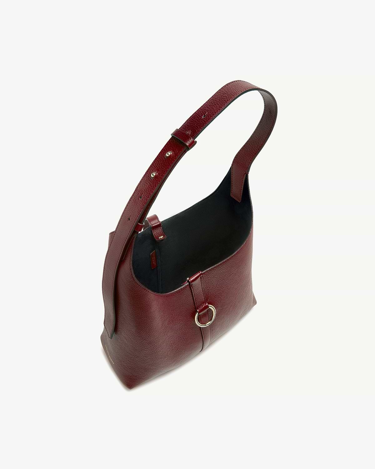 Oxblood leather Kite Hobo bag with adjustable shoulder strap and gold ring hardware.