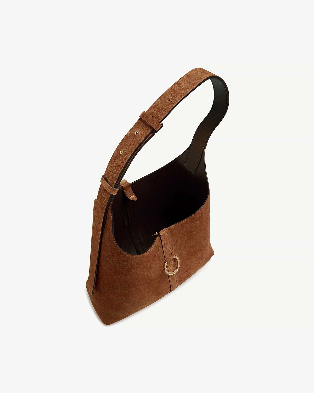 Tan suede Kite hobo bag with adjustable strap and gold ring hardware.