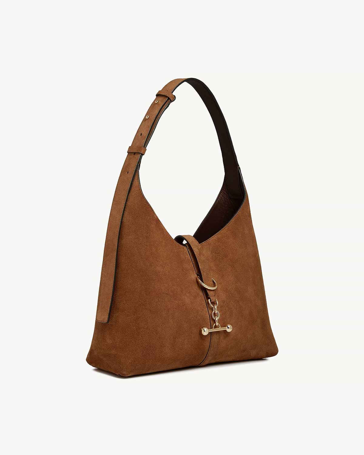 Tan suede hobo bag with adjustable shoulder strap and gold chain toggle.