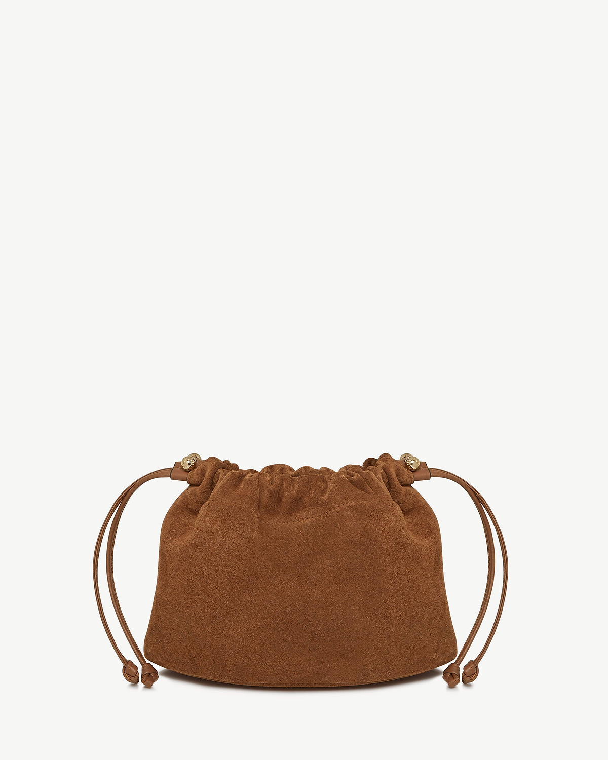 Tan suede drawstring bag with leather cords and gold-tone bead ends.