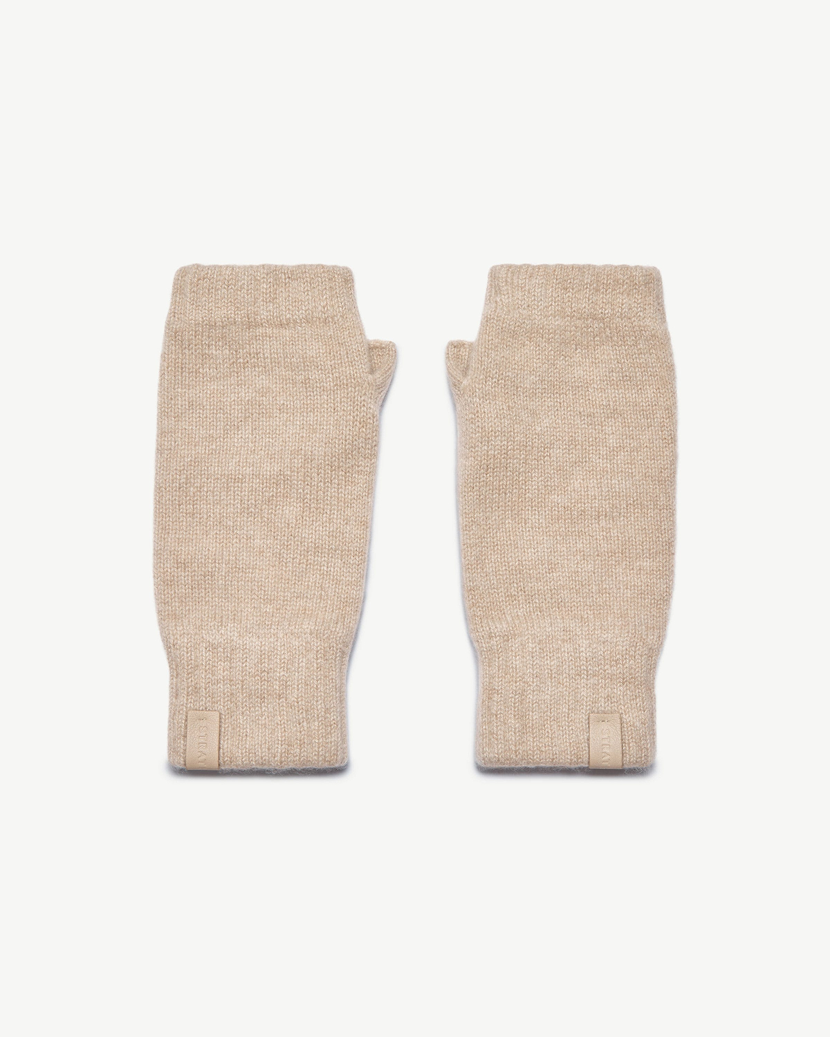 Pair of oat-coloured fingerless cashmere gloves with Strathberry leather logo tab.