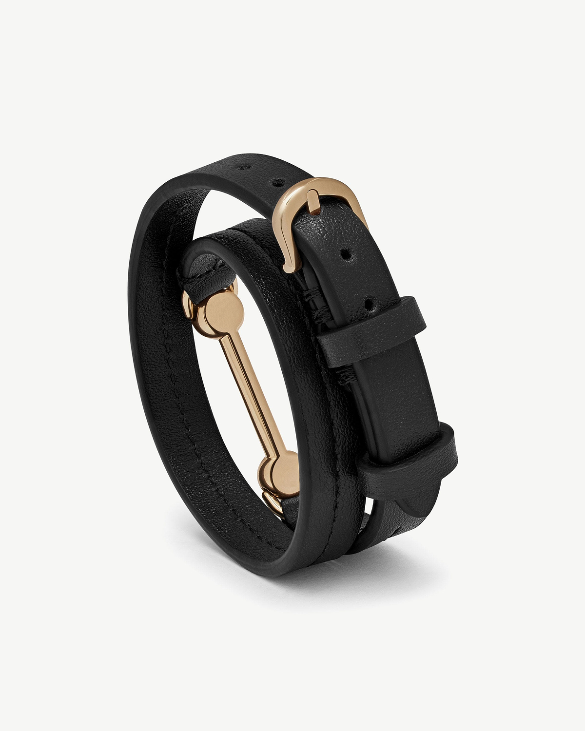 Black double-wrap leather bracelet with polished gold-tone buckle and fittings.