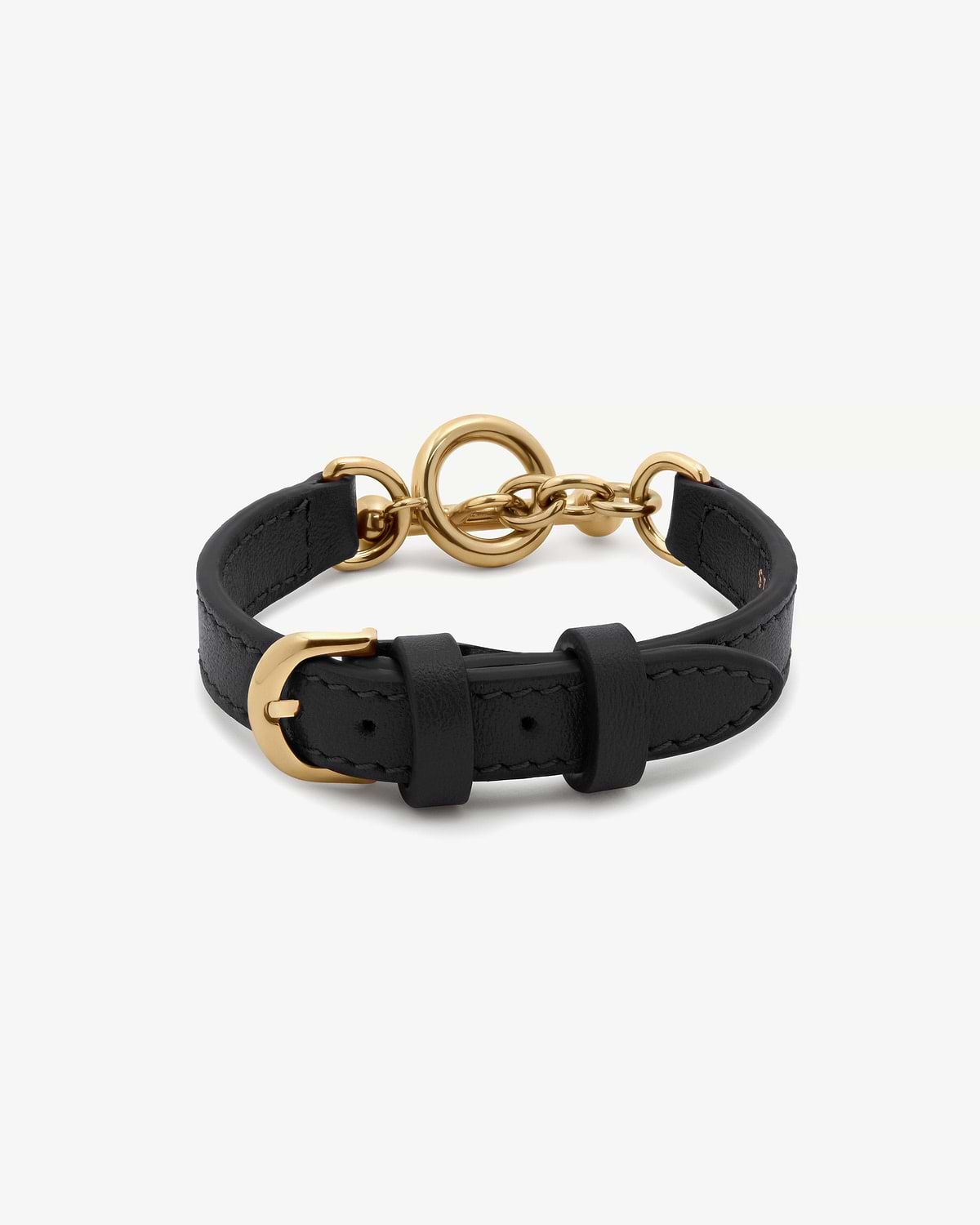 Black leather bracelet with gold circular clasp, chain links and buckle.