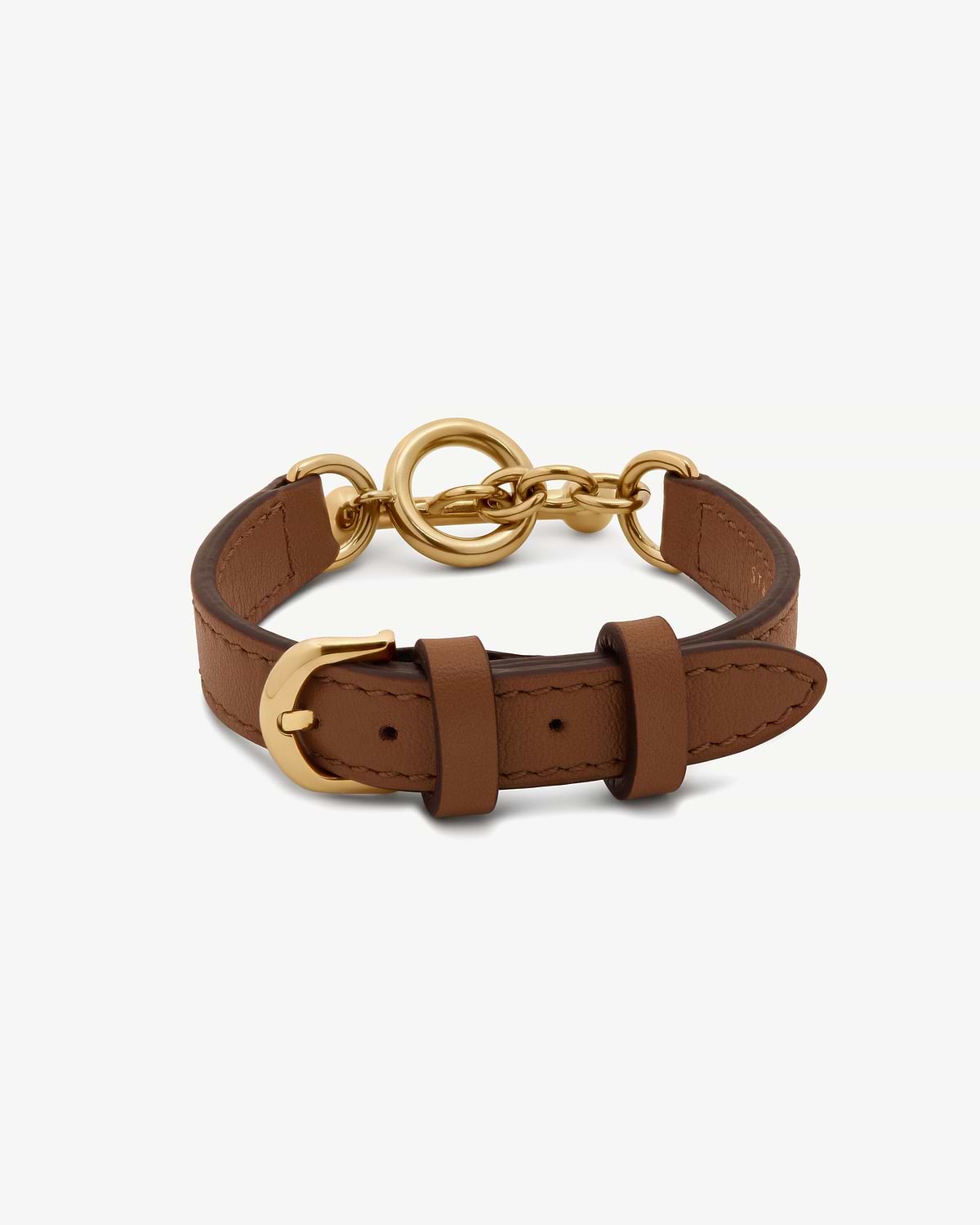 Tan leather bracelet with gold ring toggle and buckle fastening.