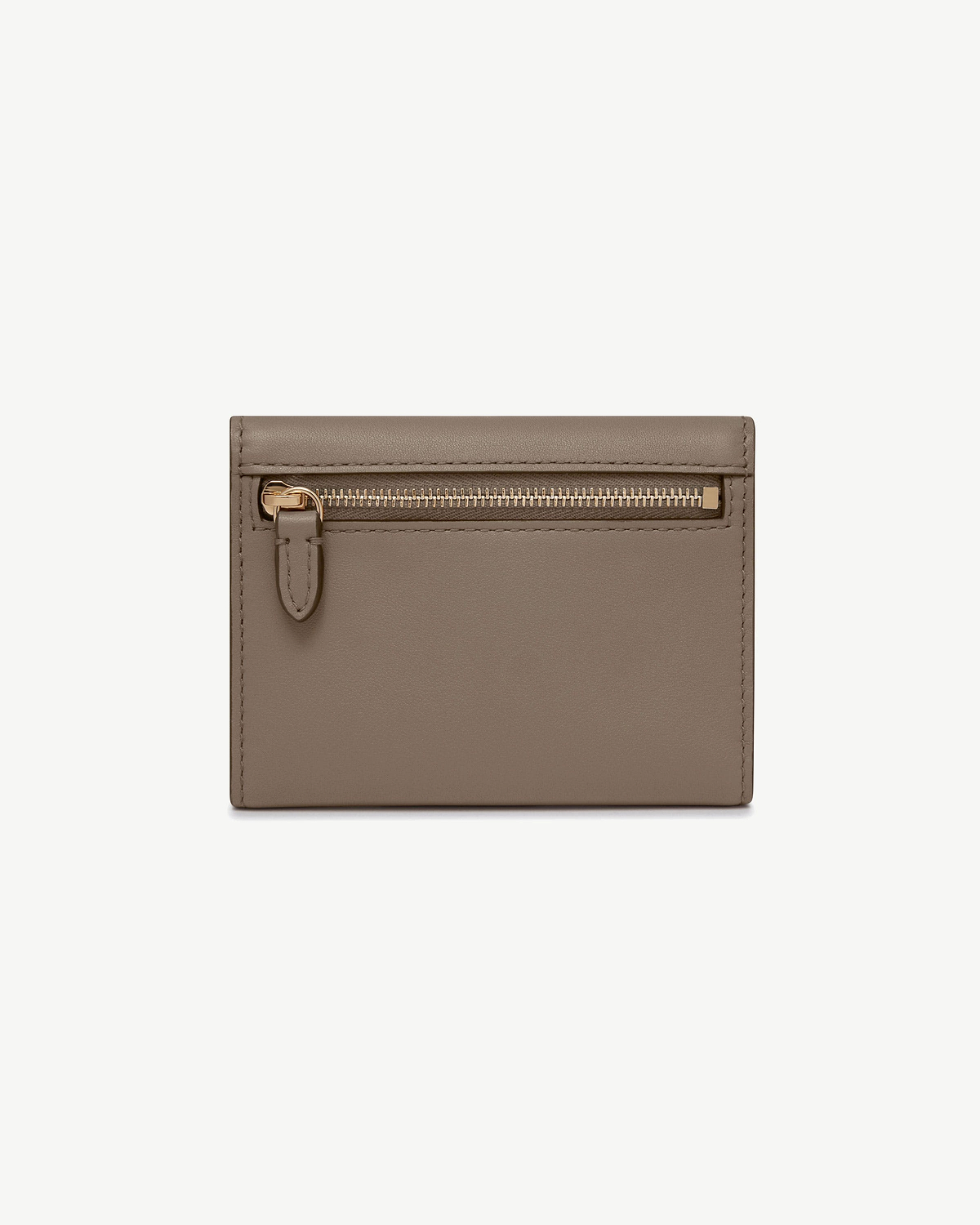 Taupe trifold wallet with front gold-tone zip pocket and stitched leather exterior.