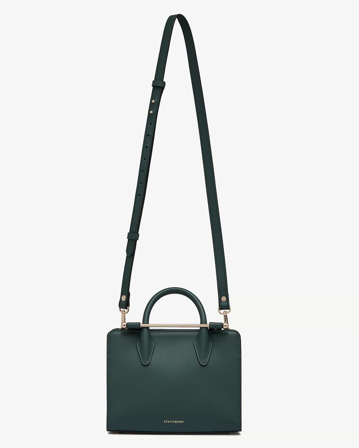 Bottle green leather bag with thin adjustable strap, top handle and gold bar, Strathberry