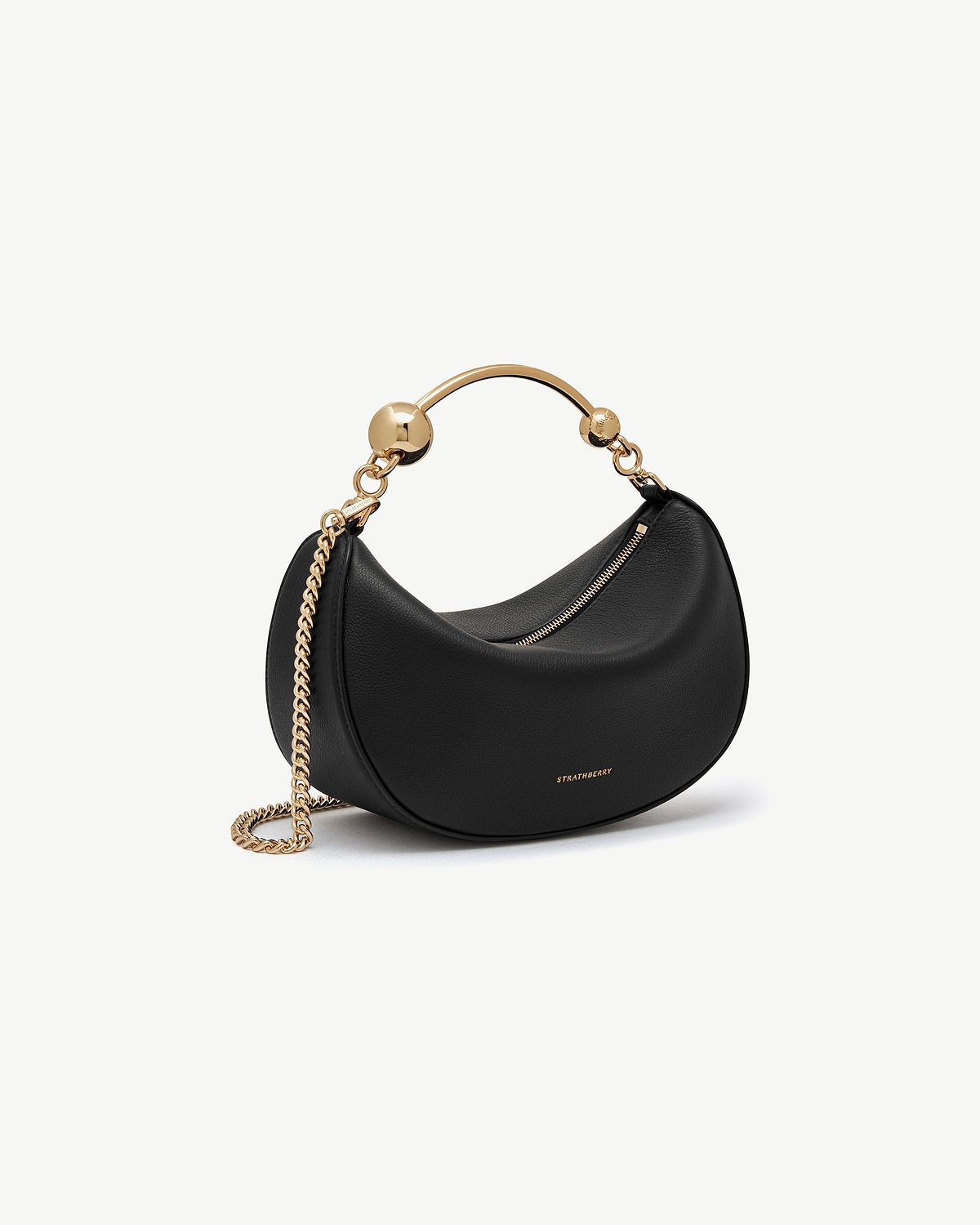 Black Strathberry Crescent Moon Mini leather bag with gold chain strap