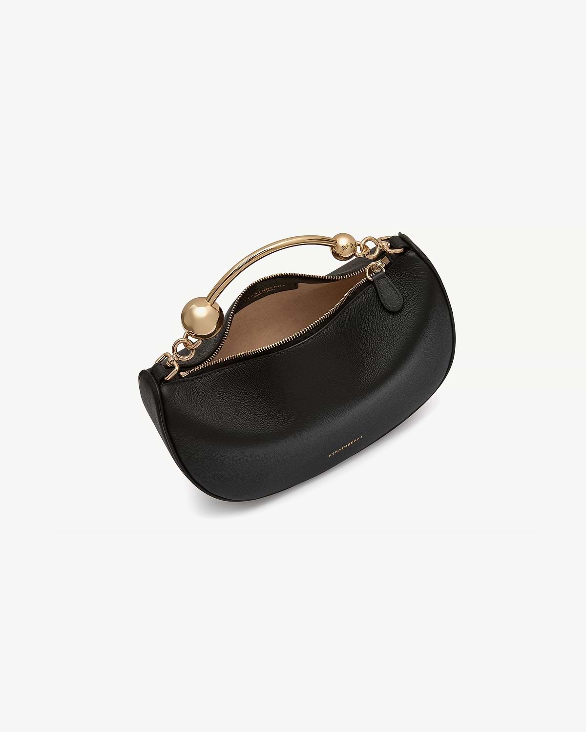 Black Crescent Moon Mini bag with gold arched handle and zip, Strathberry