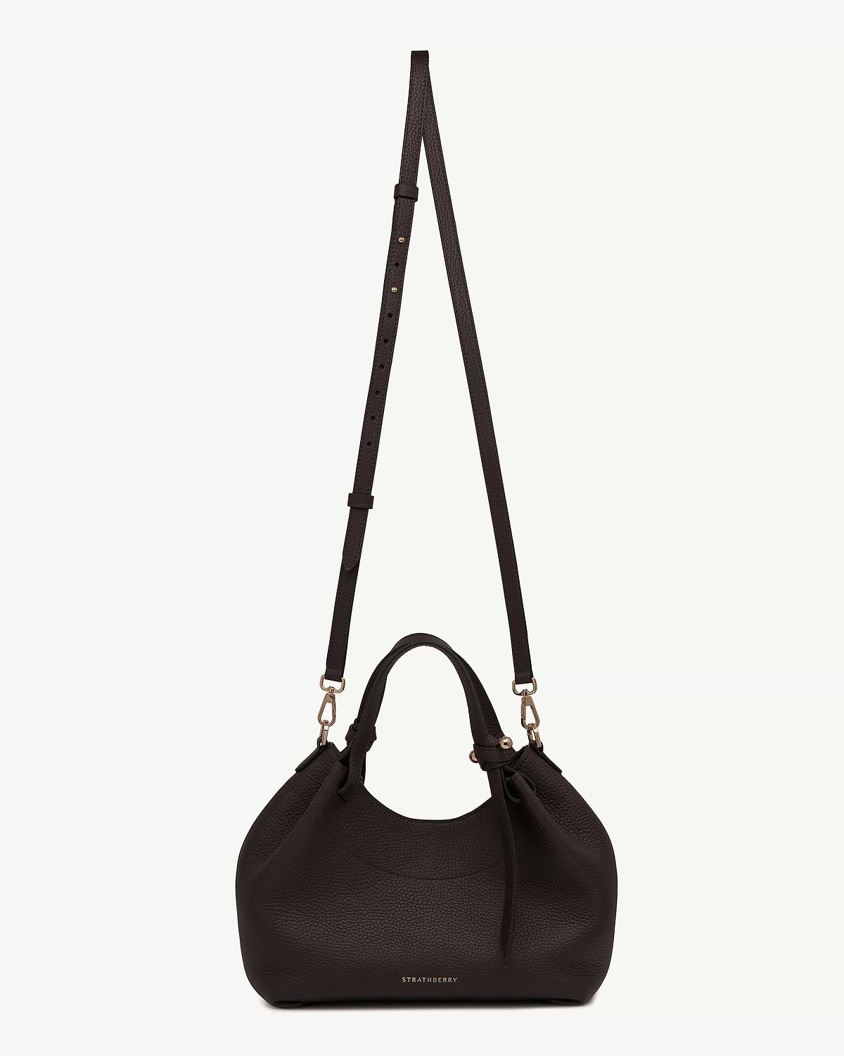 Strathberry espresso pebbled leather handbag with top handles and detachable shoulder strap