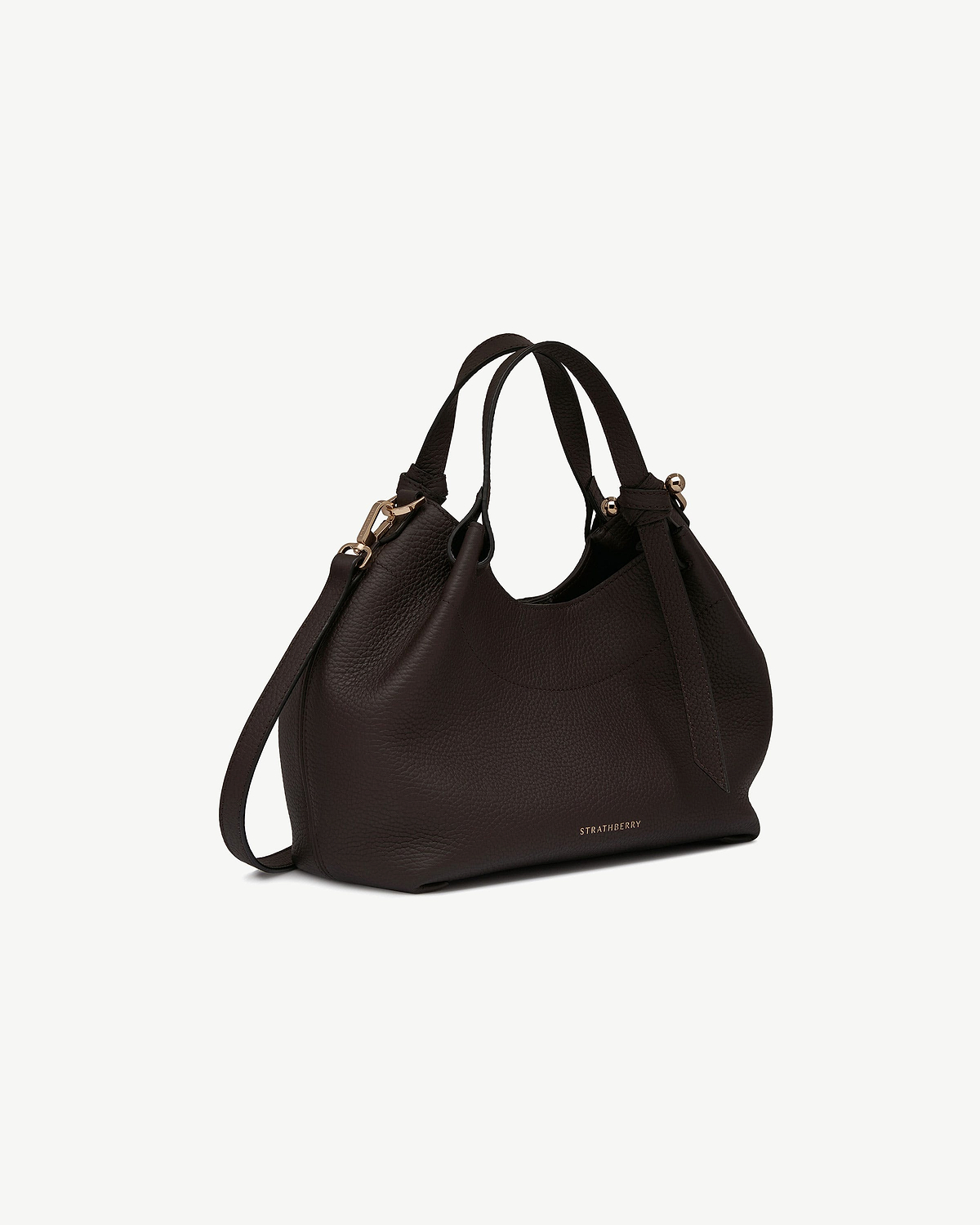 Espresso pebbled leather Strathberry Barra Mini bag with top handles, strap and gold hardware.