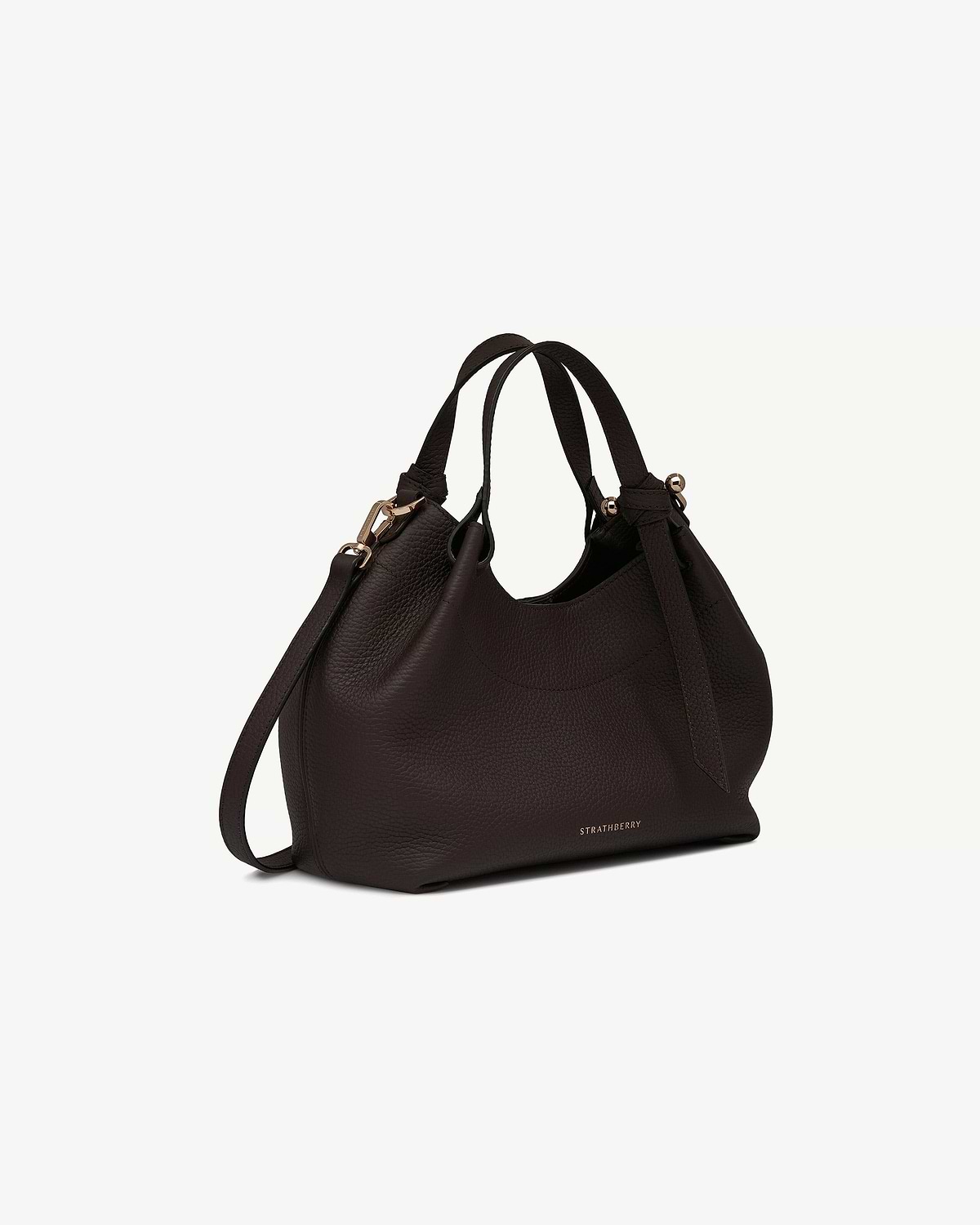 Espresso pebbled leather Strathberry Barra Mini bag with top handles, strap and gold hardware.
