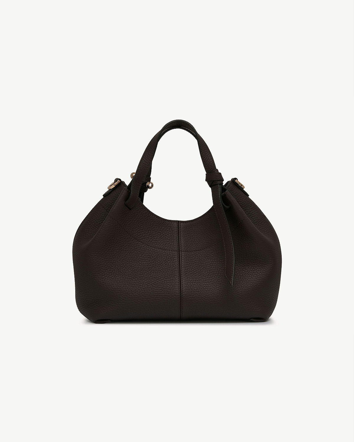 Espresso pebbled leather mini top handle bag with curved silhouette and gold hardware.