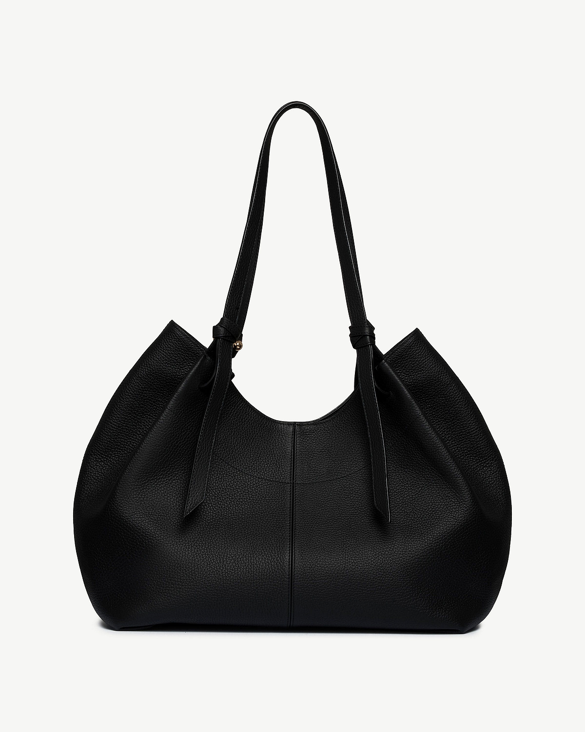 Black pebbled leather tote bag with knotted shoulder straps and curved opening.