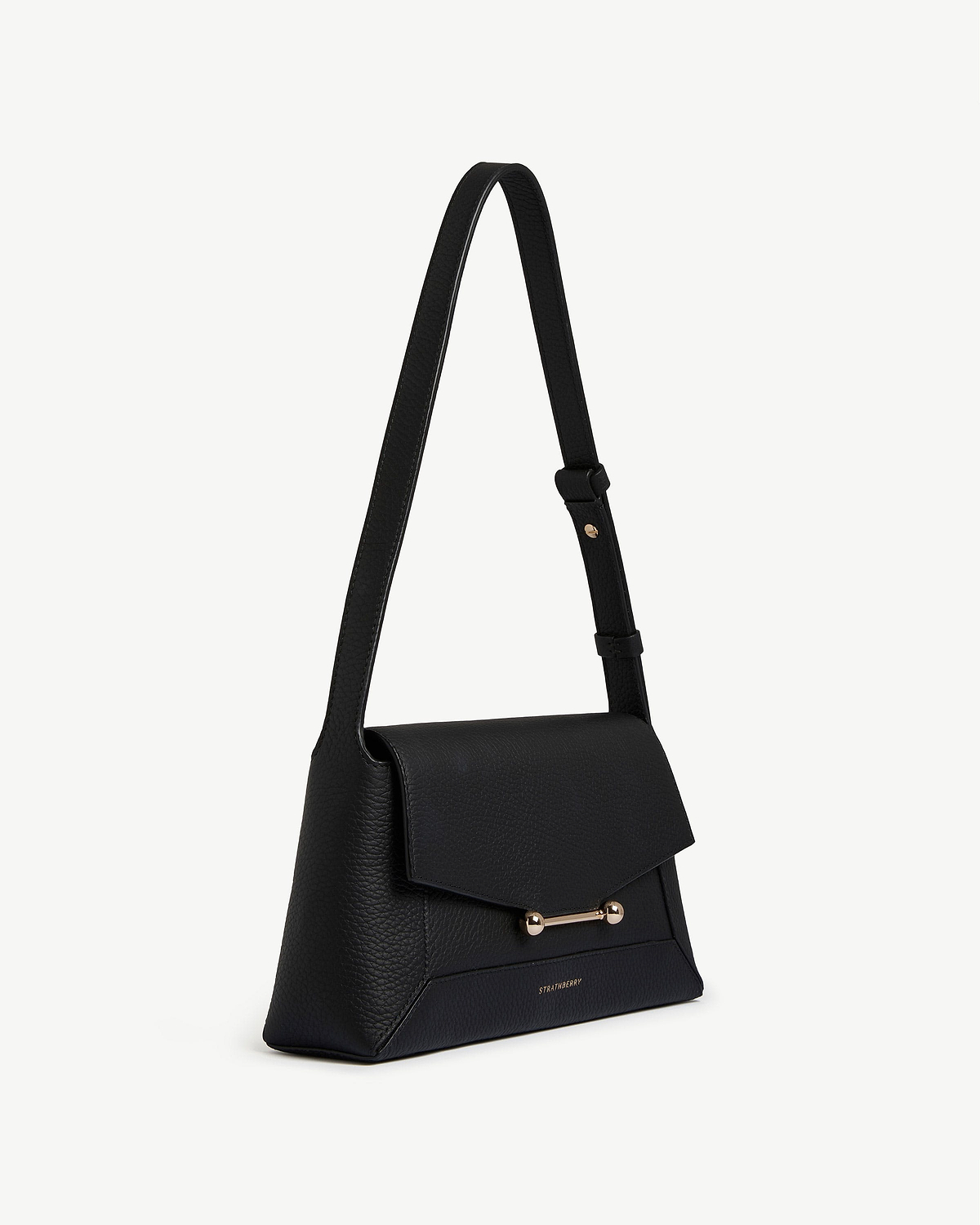 Black Strathberry Mosaic Shoulder bag with flap and gold bar fastening.