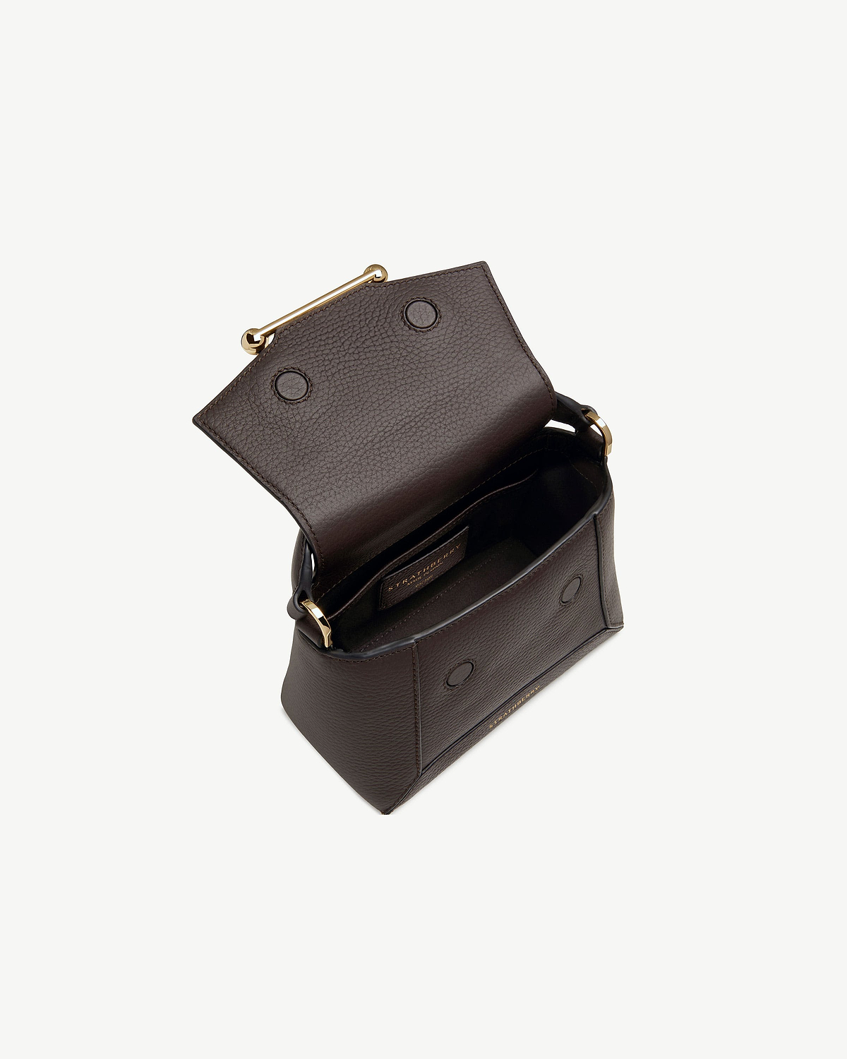 Strathberry Mosaic Nano espresso leather bag, open showing flap, interior and gold hardware.
