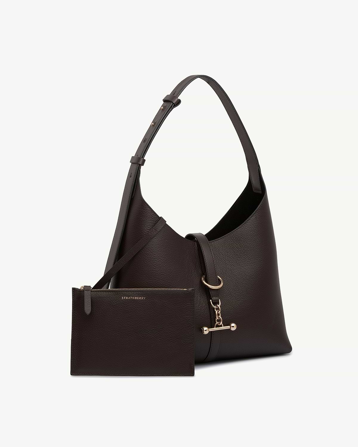 Strathberry Kite Hobo in espresso leather with adjustable strap and matching zipped pouch.