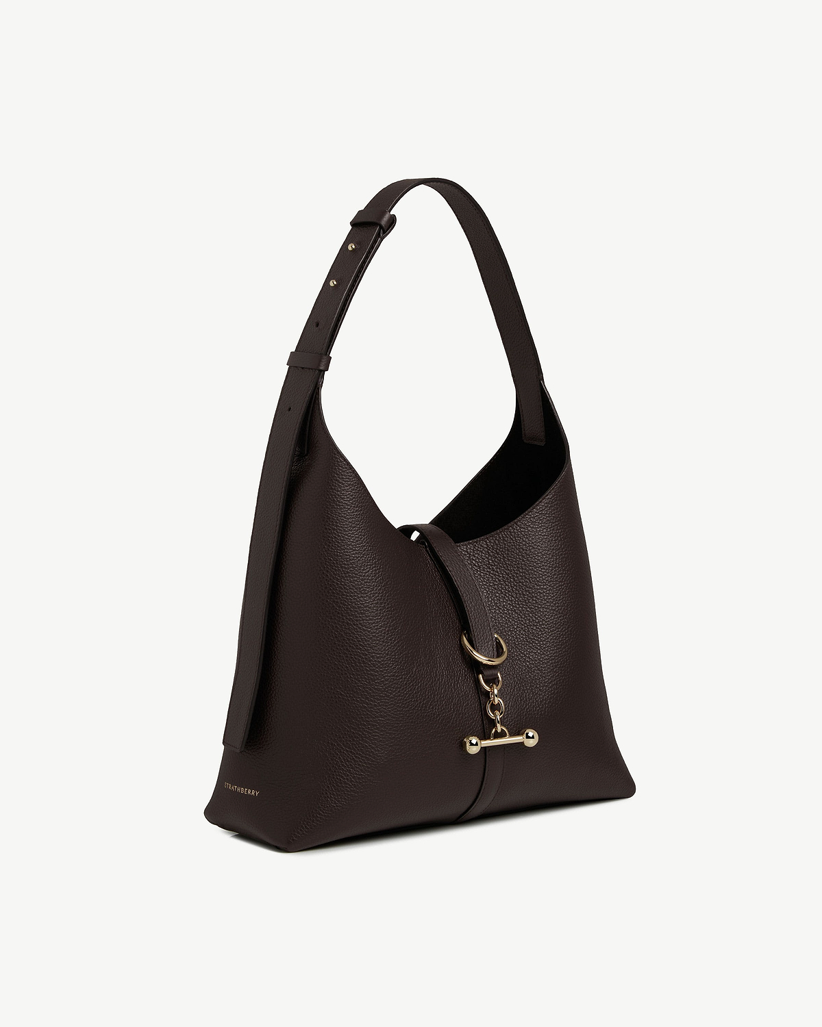 Strathberry espresso pebbled leather Kite Hobo with gold ring and chain toggle.
