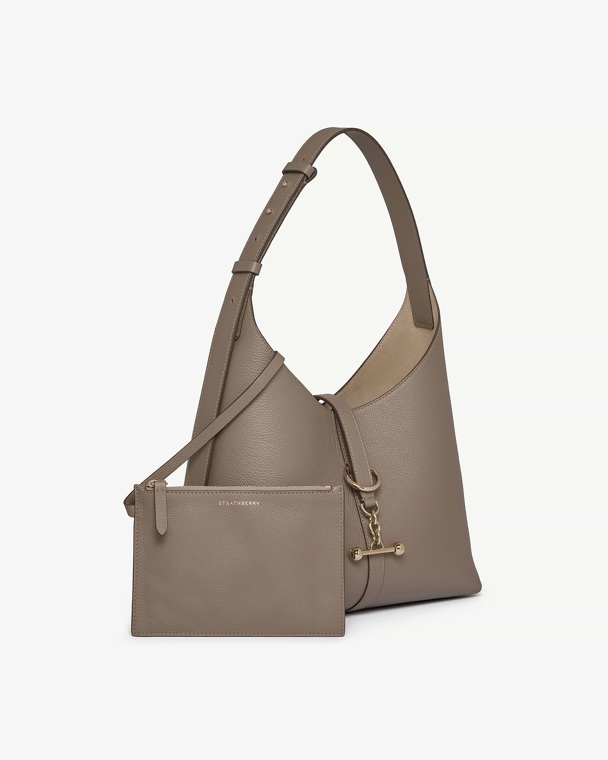 Taupe Kite Hobo with matching pouch, adjustable strap and gold hardware, bearing Strathberry logo.