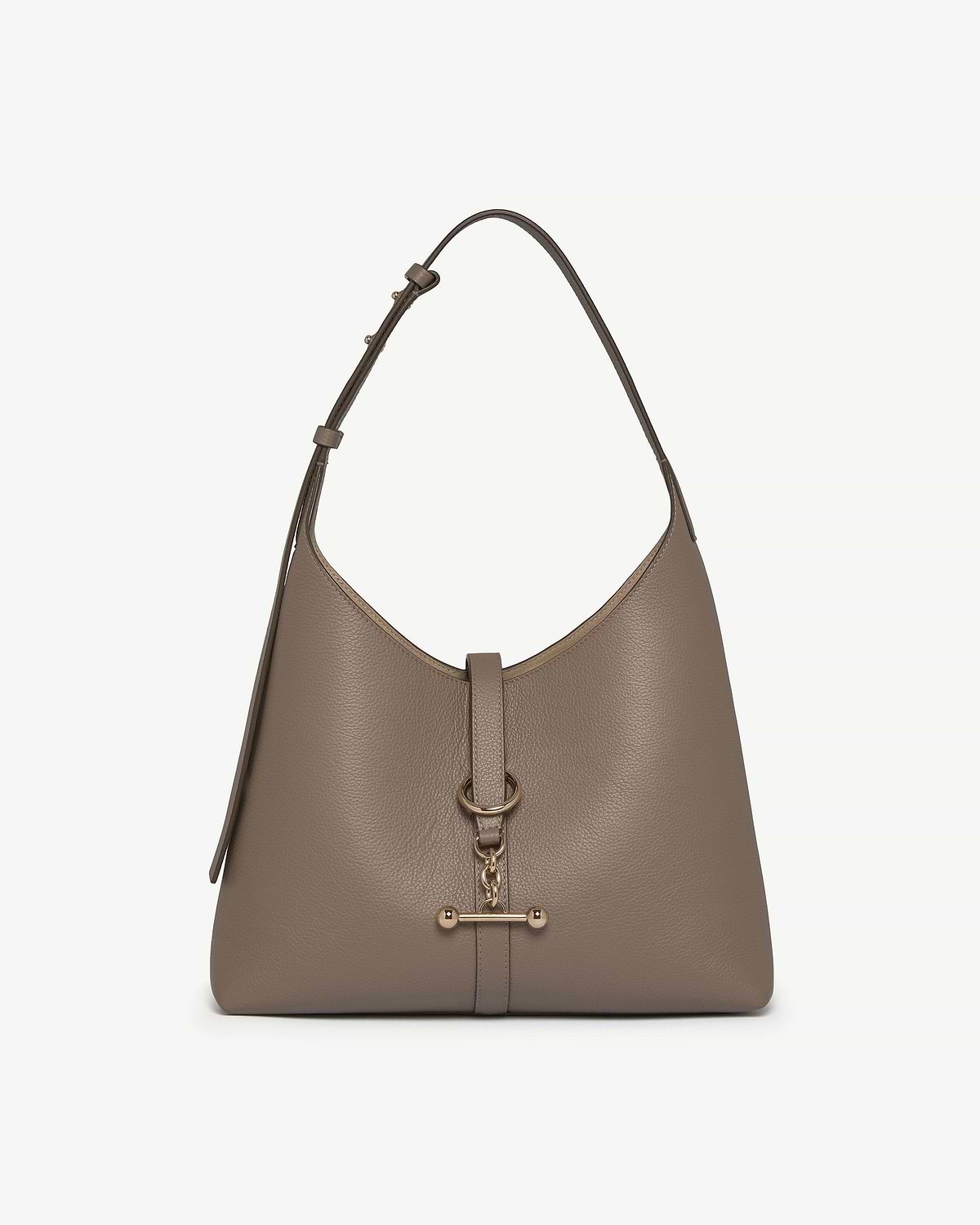 Taupe kite hobo bag in pebbled leather with gold hardware, front view.