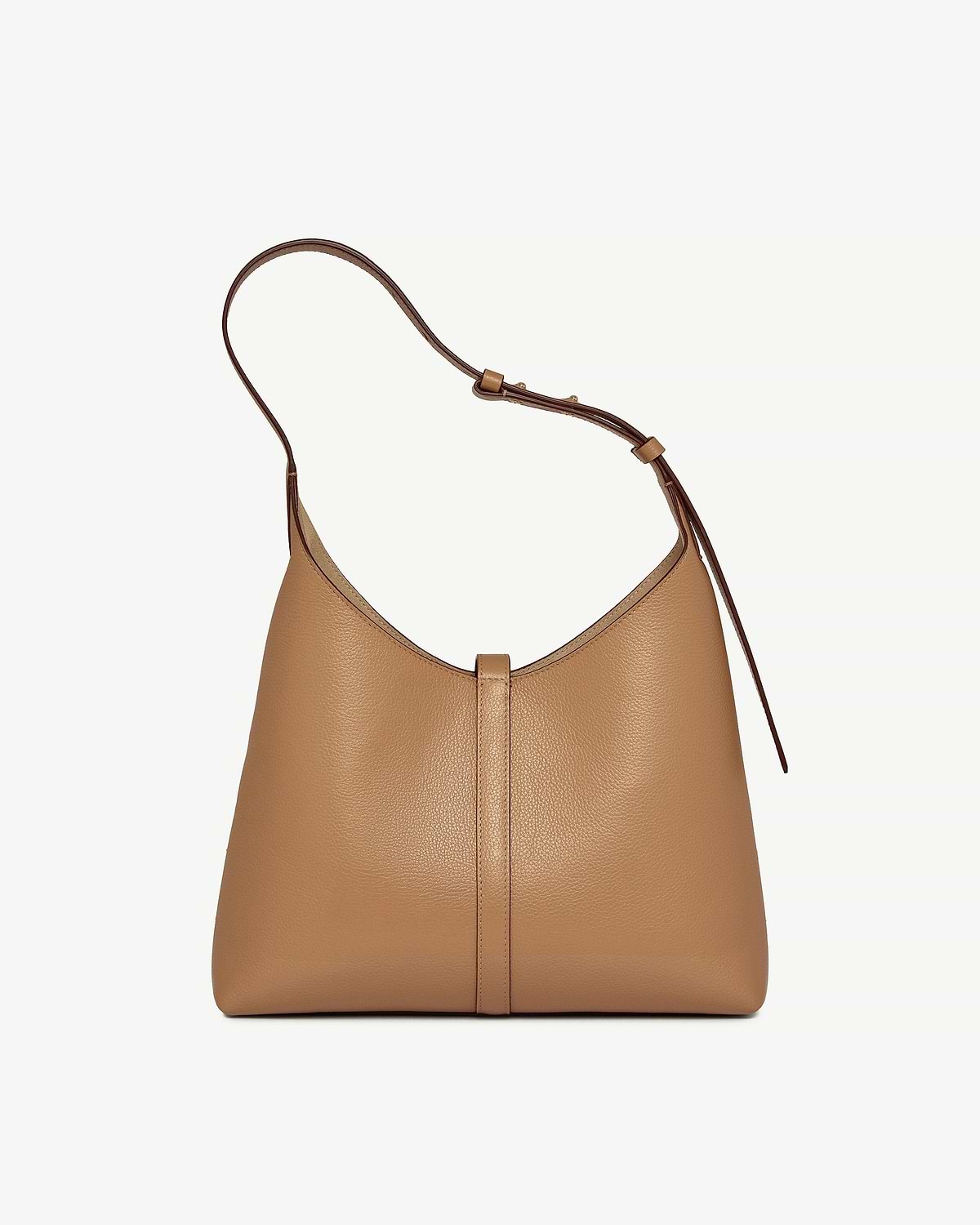 Caramel leather Kite Hobo bag with a single shoulder strap and central seam.