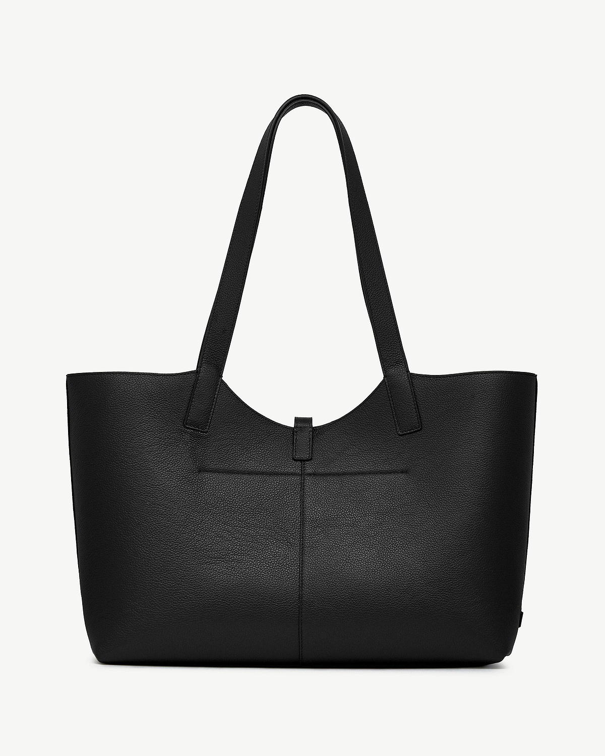 Black pebbled leather tote bag with long shoulder straps and central tab fastening