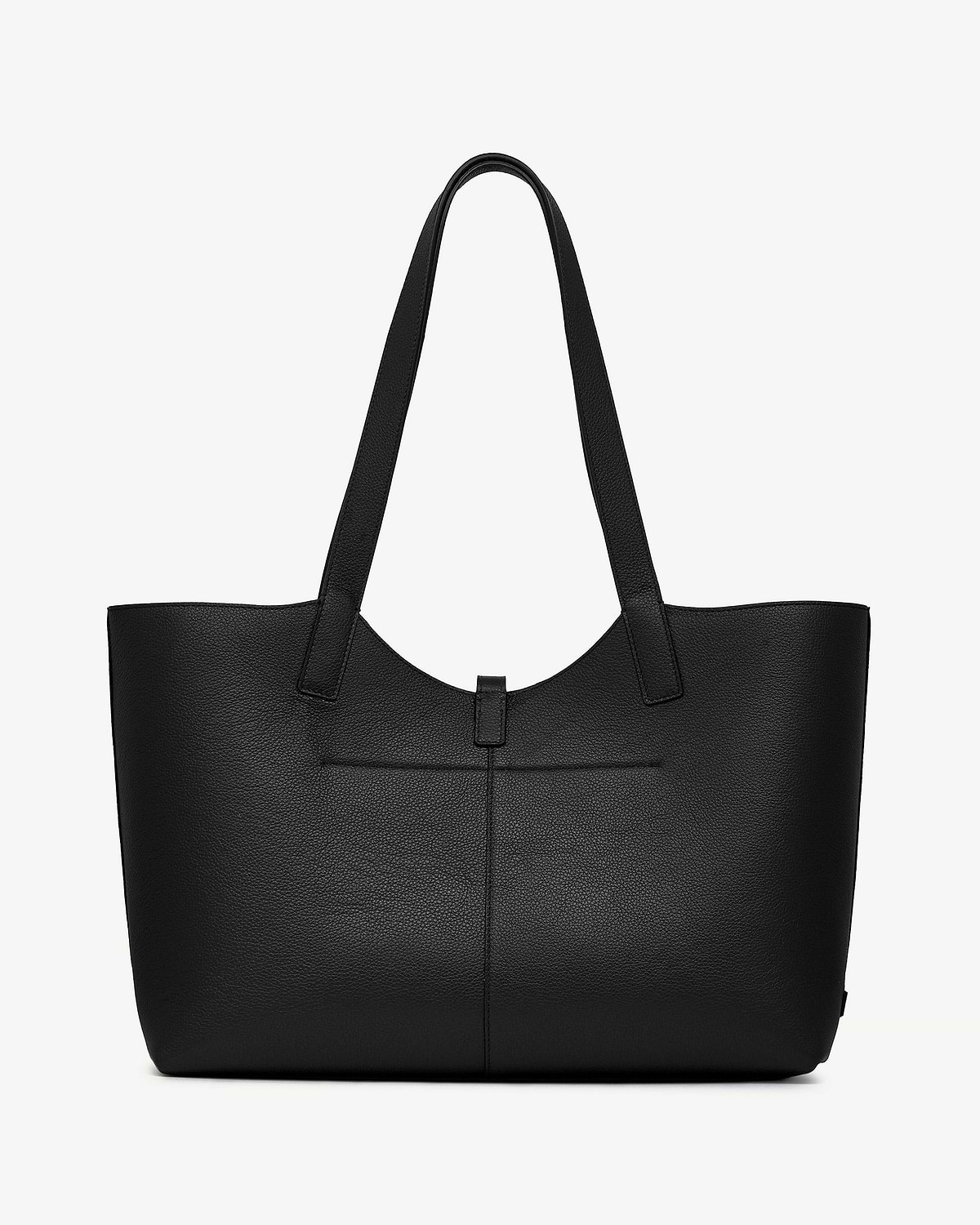 Black pebbled leather tote bag with long shoulder straps and central tab fastening