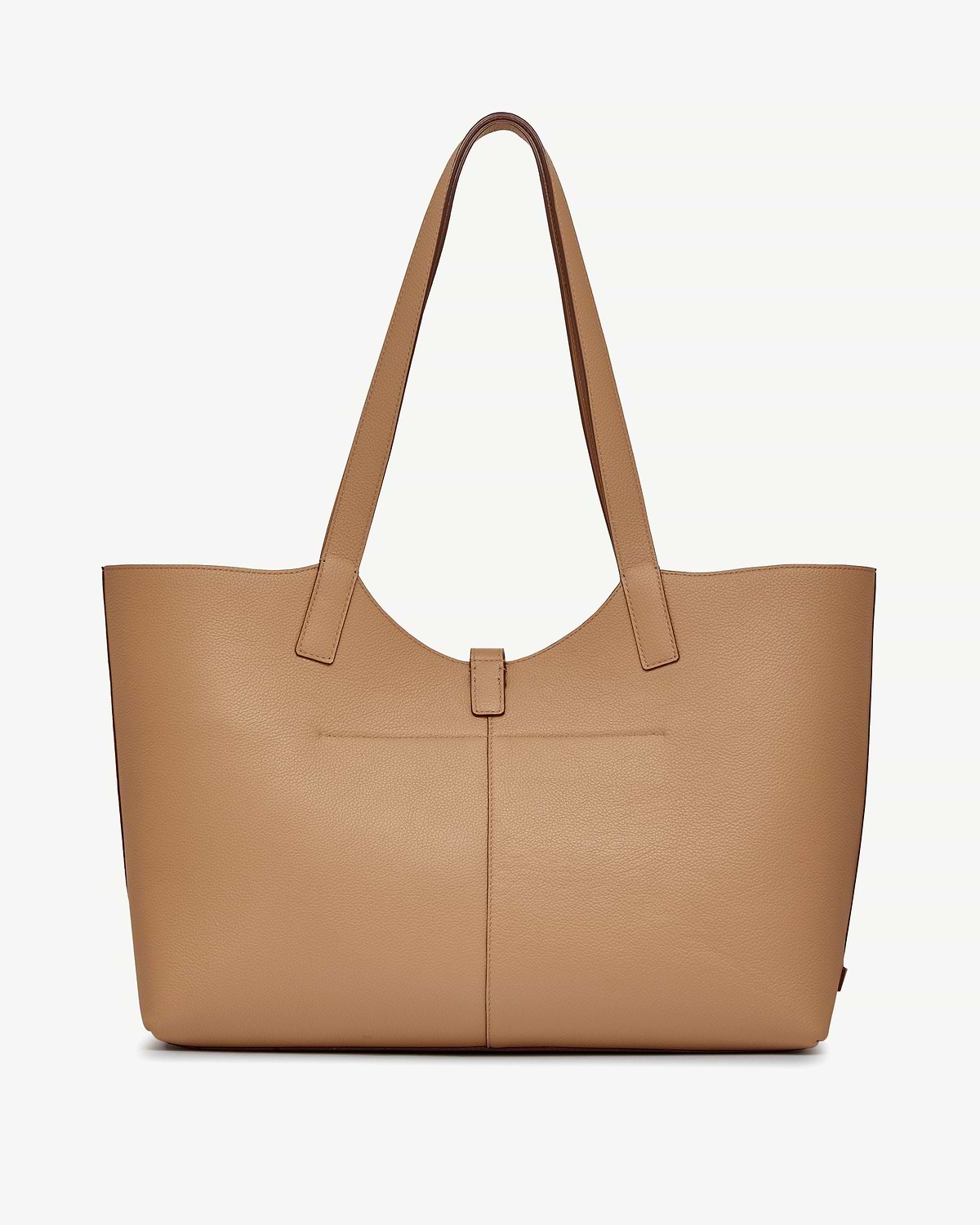 Caramel kite tote with two shoulder straps and front tab fastening