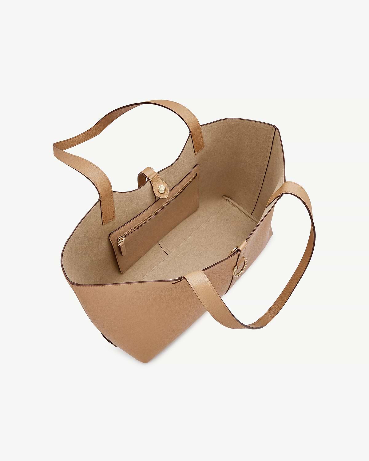 Caramel leather kite tote bag open to show interior and zipped pocket.