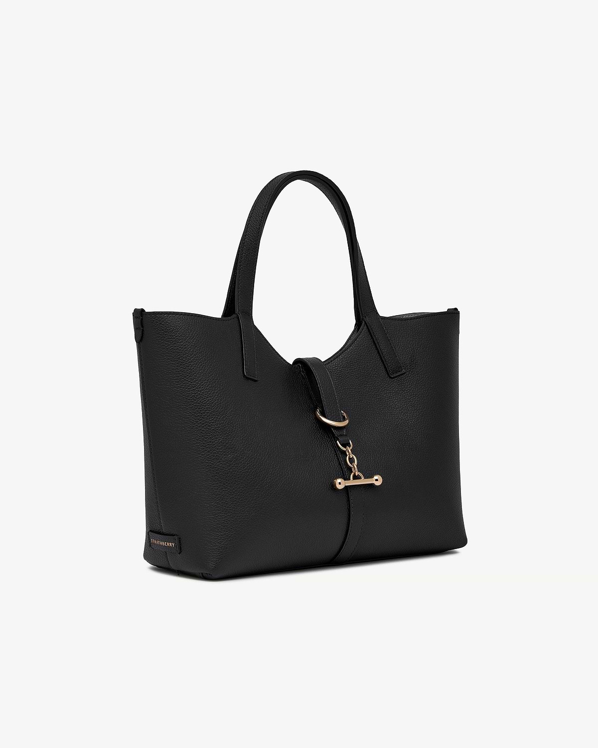Black Strathberry Kite Tote Midi with top handles and gold bar clasp.