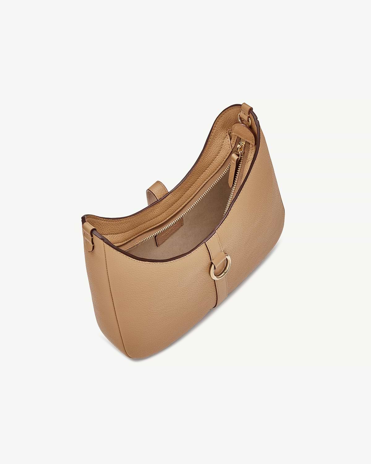 Caramel leather kite sling bag with gold ring detail and internal zip pocket