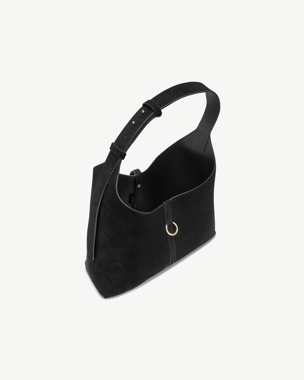 Black suede Kite Hobo with adjustable shoulder strap and gold ring detail.