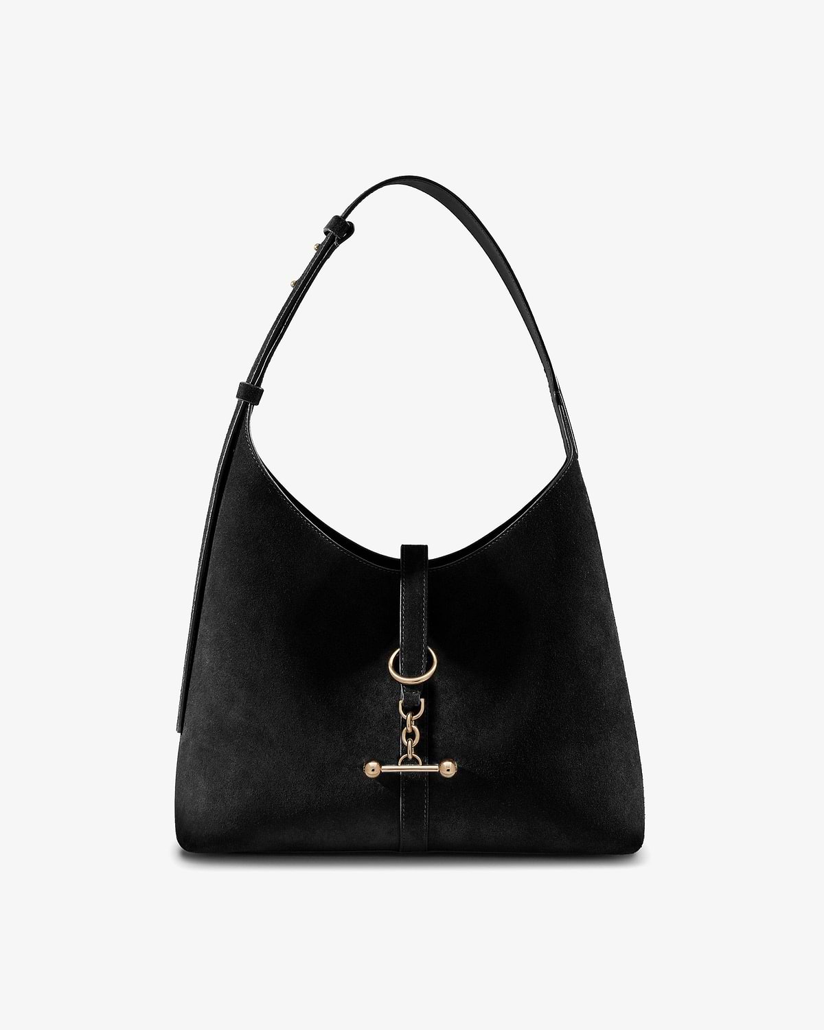 Black suede Kite Hobo with top strap and gold ring clasp.