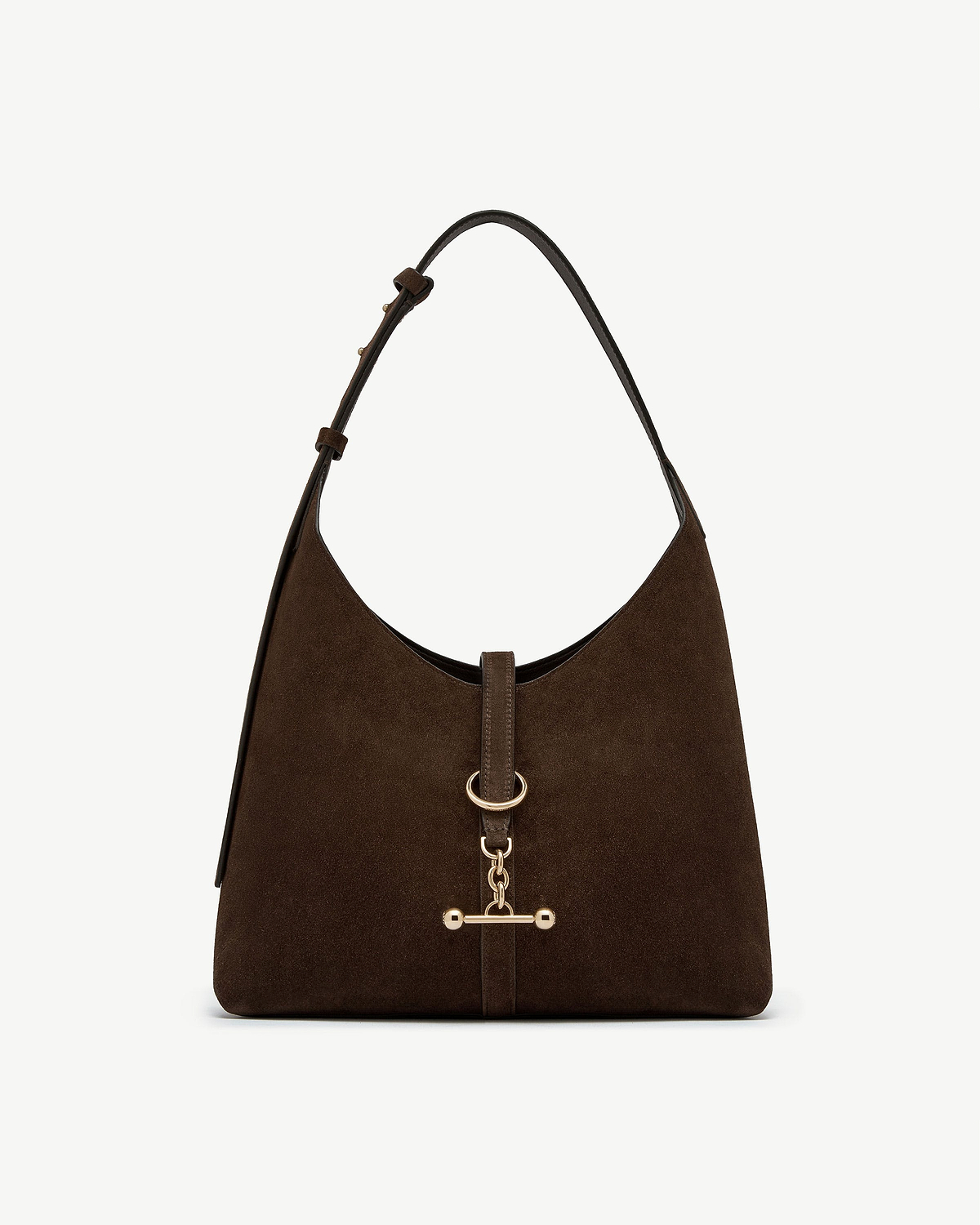 Chocolate suede hobo bag with single shoulder strap and gold-tone fittings.